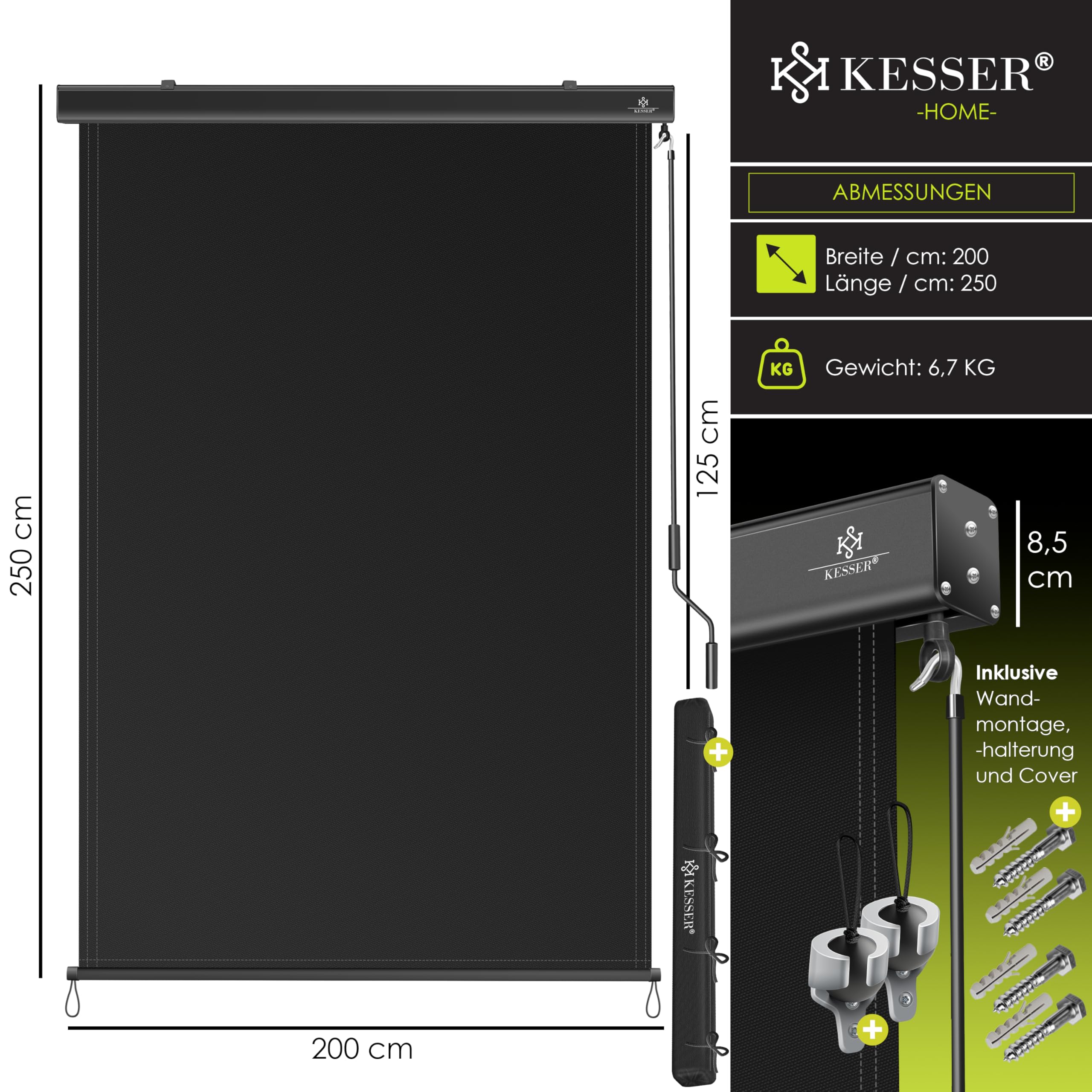KESSER® Senkrechtmarkise 200x250cm Außenrollo Handkurbelmechanismus Balkonrollo Sonnen-und Sichtschutz Beschattung Sonnenschutz mit Kurbel Markisenkasten Balkon & Terrasse inkl Montageset & Abdeckung
