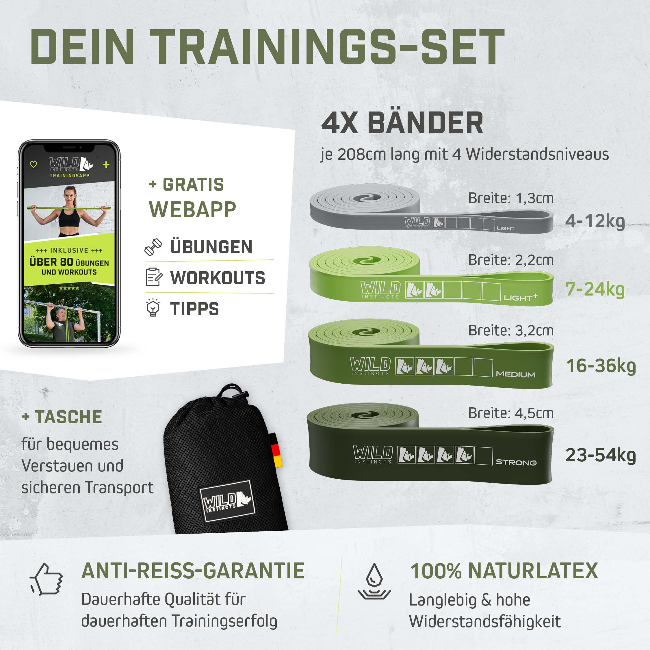 Wild Instincts Premium Widerstandsbänder Krafttraining/Pull Up Band für Klimmzüge, Fitnessbänder Set/Resistance Bands Set/Gummiband Sport für Crossfit & Stretching +Tasche +Trainings App