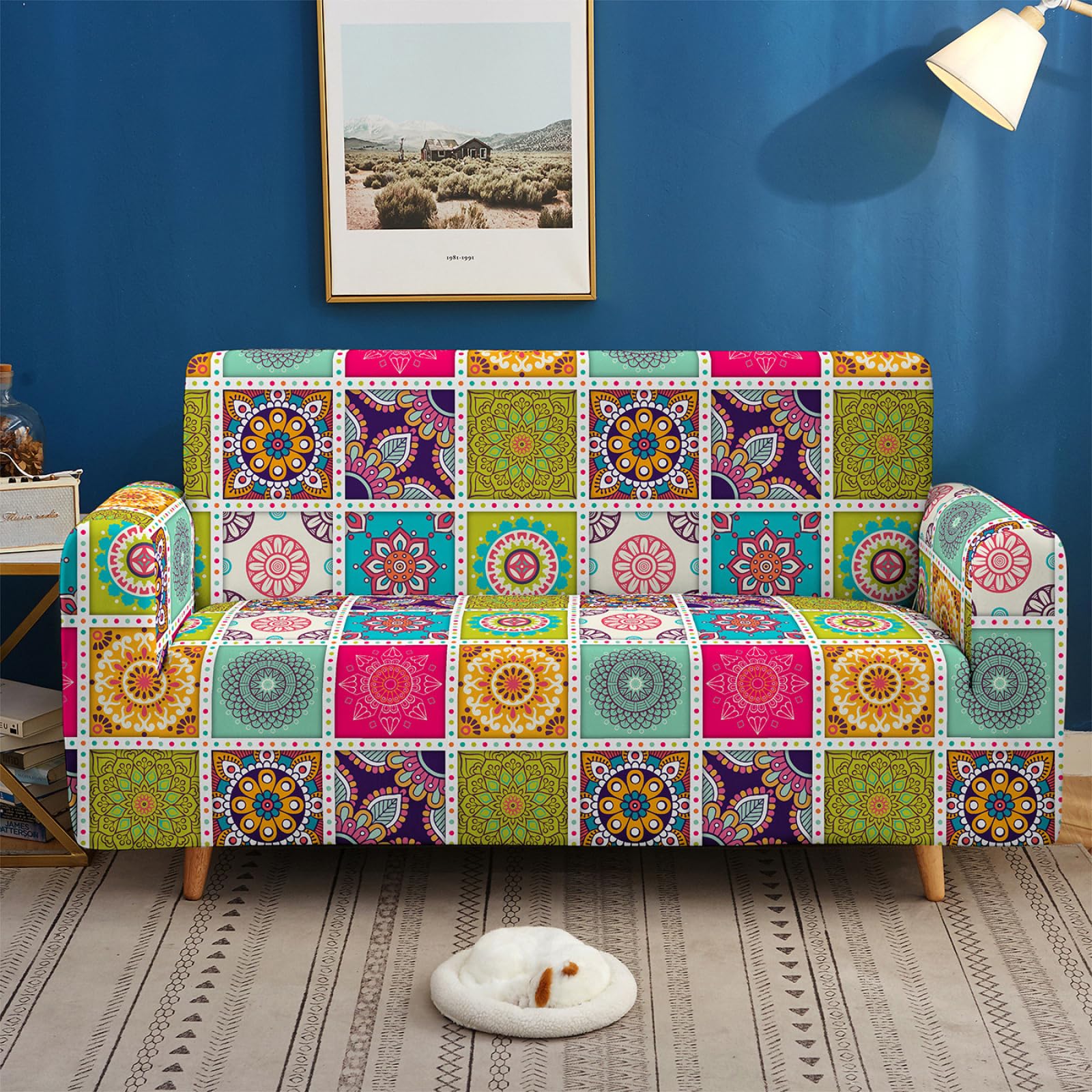 Housse Canapé 3 Places Style Indien Housse de canapé 2 Places Stretch en Spandex Jacquard avec antidérapante,Universelle,Moderne Sofa Cover