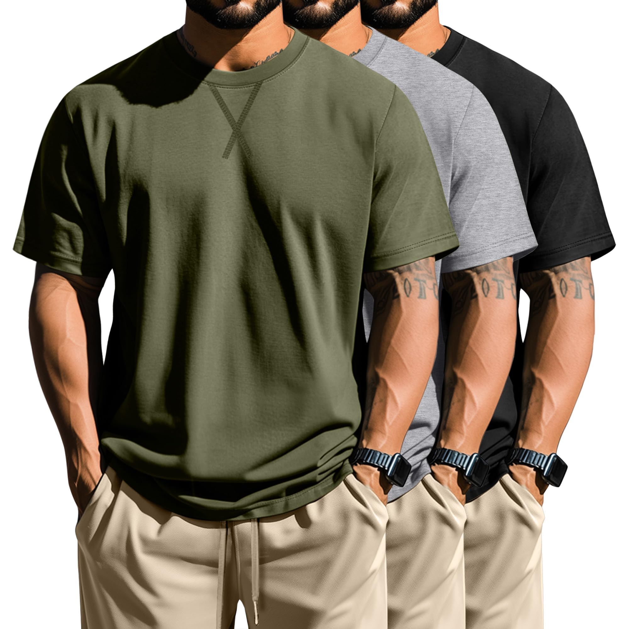 Neer 3 Pack Men's Big and Tall T-Shirts Cotton Short Sleeve Crewneck Plus Size Tee Shirts Hipster Longline Tops(Army Green, Light Grey, Black,XX-Large