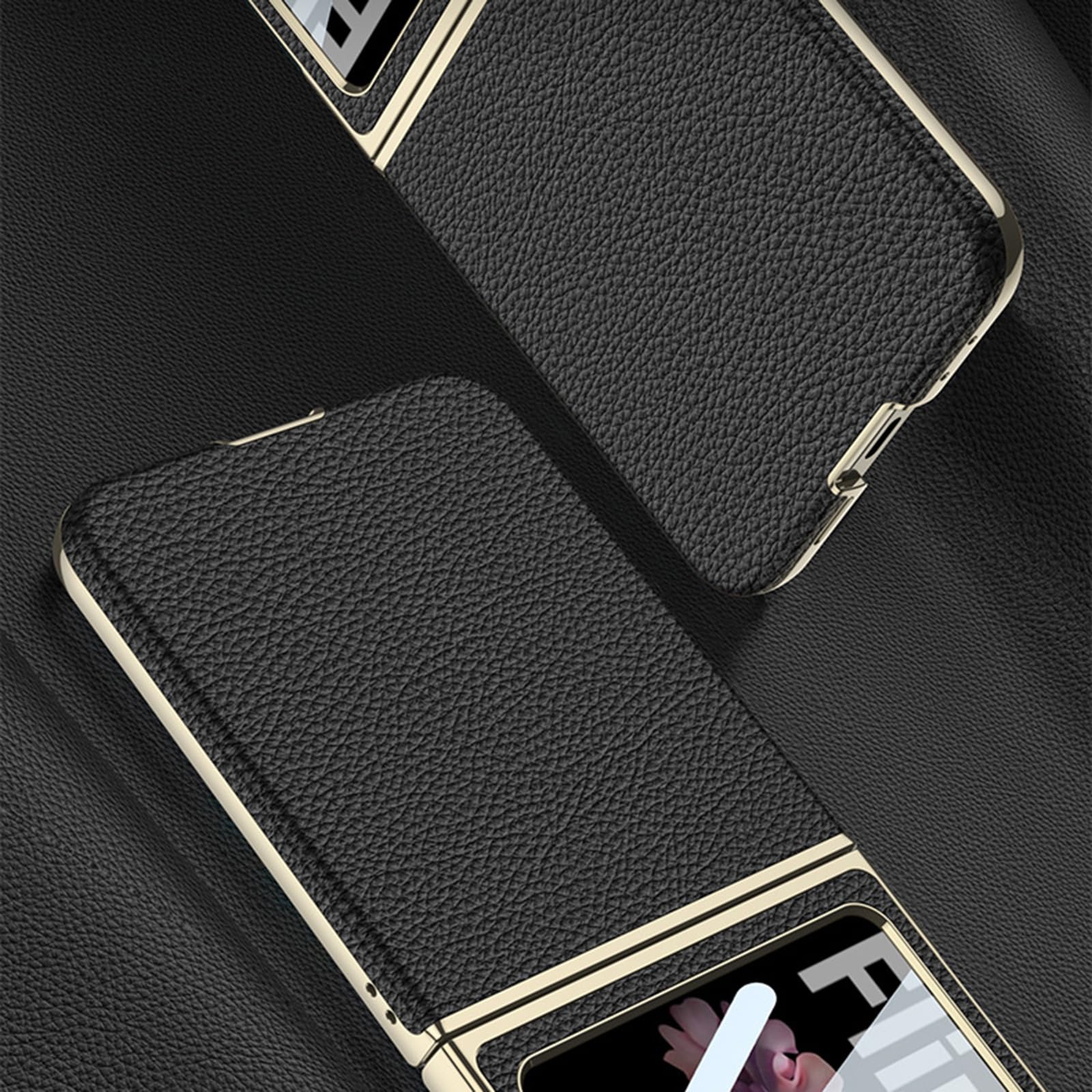 Etui do Samsung Galaxy Z Flip 7, luksusowe galwanizowane skórzane etui ochronne z osłoną ekranu, bezprzewodowe ładowanie, czarny, Flip 7