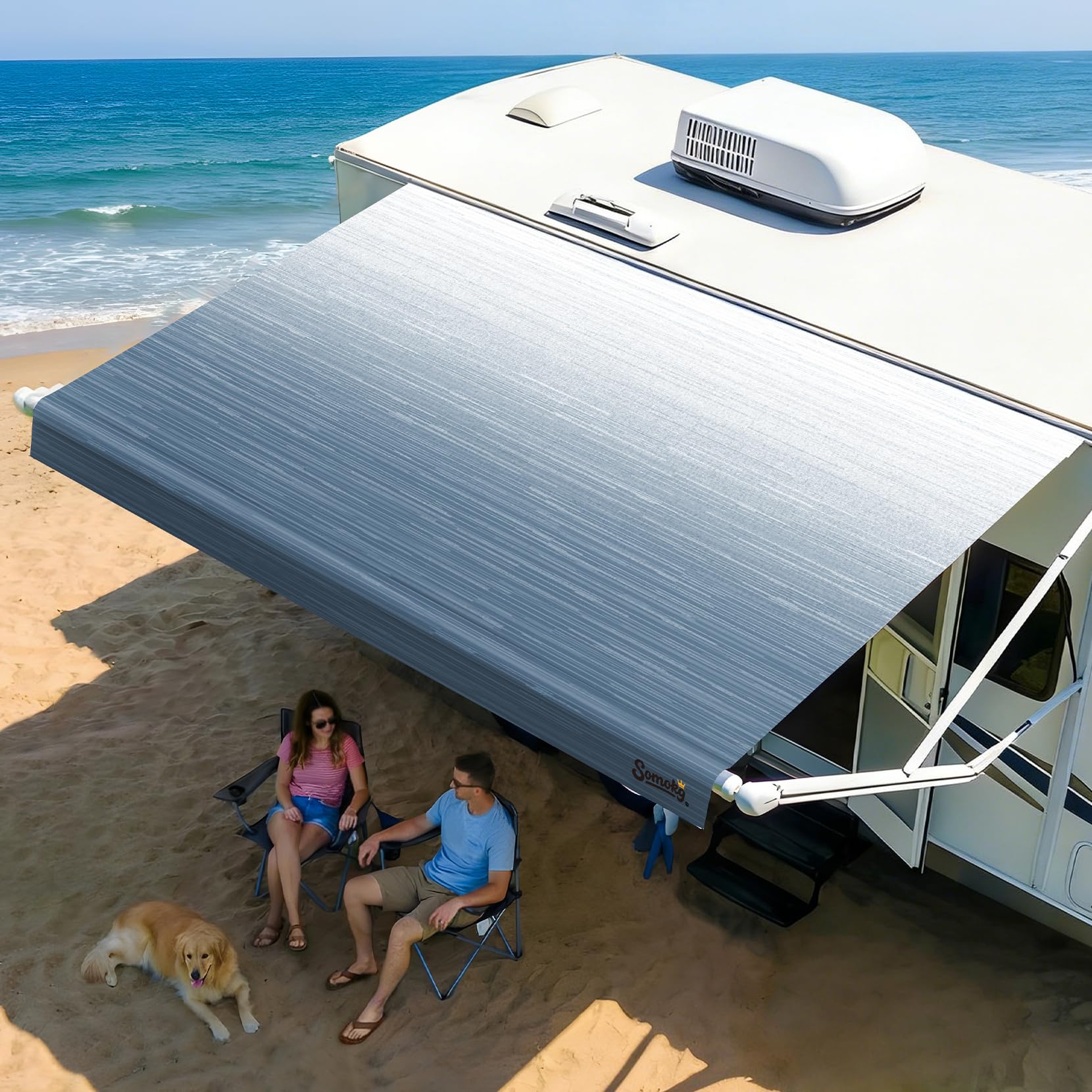 Photo 1 of RV Awning Fabric Replacement, 19.5oz Heavy-Duty Vinyl Camper Awning, Heat-Sealed Seamless, DIY Setup, UPF 50+ Waterproof Canopy for Camper, Trailer, Motorhome (Glacier Blue, 14FT(Fabric 13'2"))