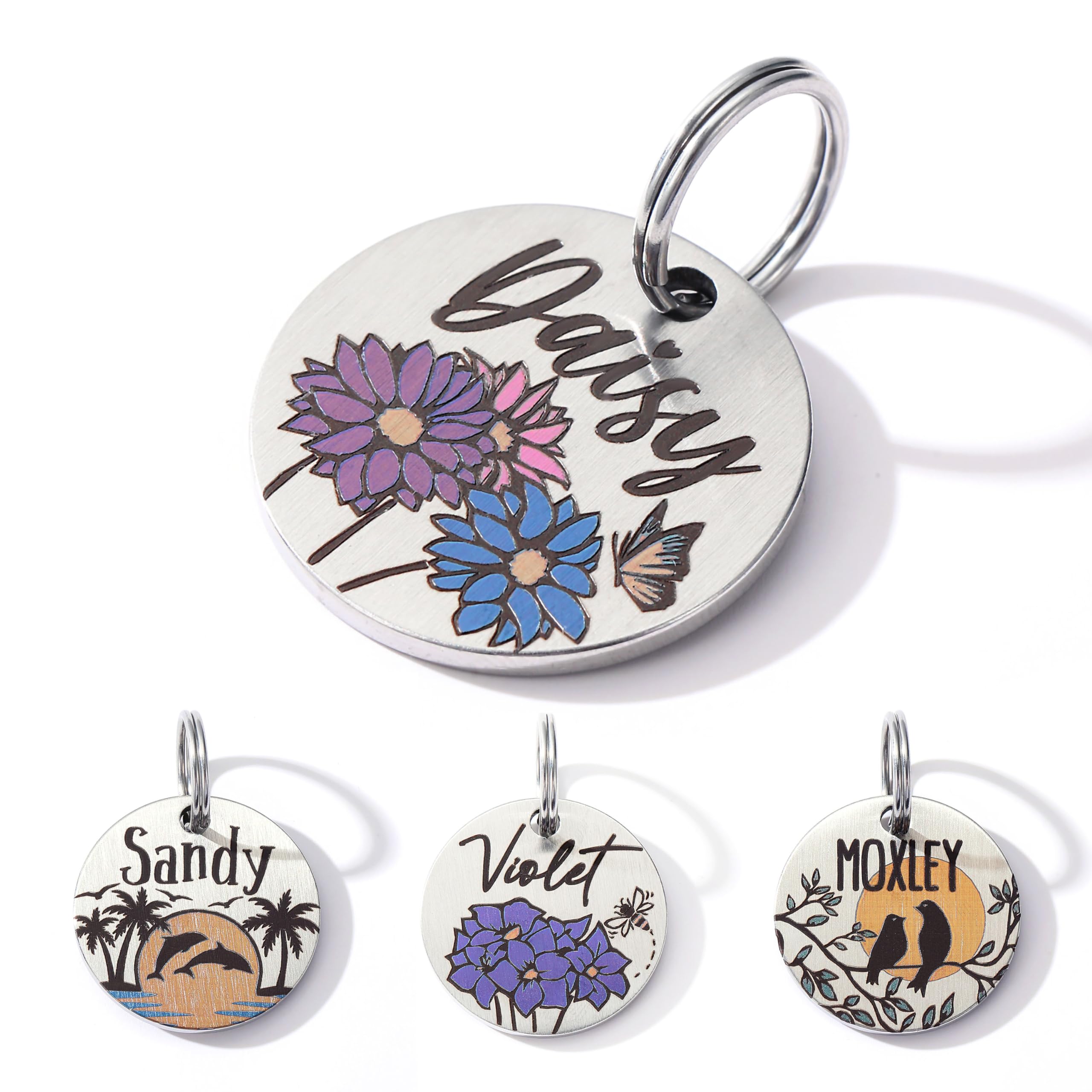 Colorful Dog Tags Personalized, Engraved Dog Tags with Colored Printing for Pets, Dog Name tag with deep Engraving, Custom pet ID Tags, Customizable cat Collar Holder tag (Daisy)