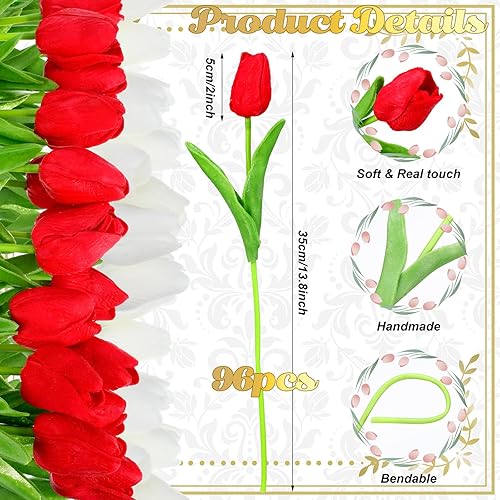 Miniatura 8 de Jutom 96 piezas de tulipanes artificiales multicolor ramo de tulipanes falsos de poliuretano sintético arreglo floral de tacto real para primavera