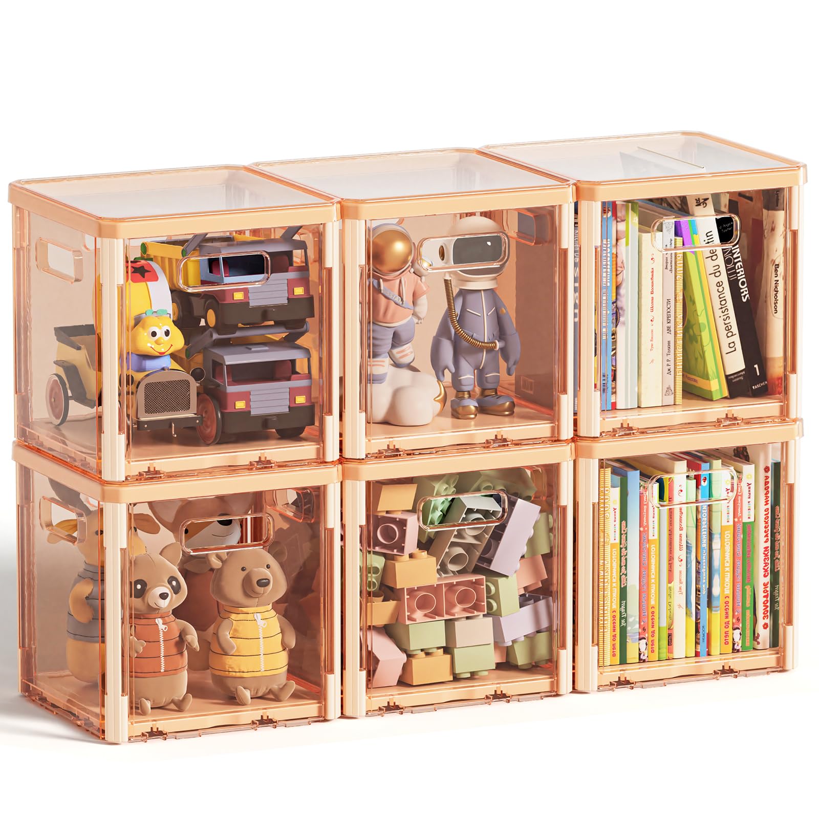 HAIXIN Clear Cube Storage Bins - 10.5 inch Stackable Storage Bins with Lids 6 Pack Foldable Storage Box Plastic Toys Organizer Cubby Bins Container for Closet Playroom Classroom Office (Orange)