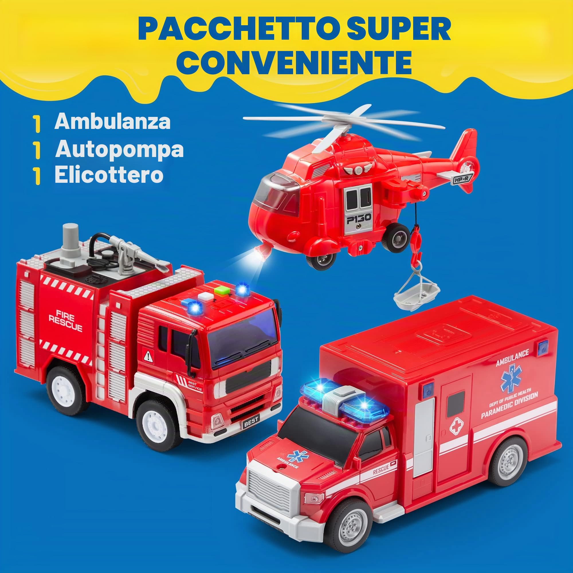 JOYIN 3 in 1 set Auto per Camion con Veicolo di Soccorso Antincendio Cittadino Alimentato a Frizione,Elicottero, Ambulanza e Autopompa Antincendio, con Luci e Suoni
