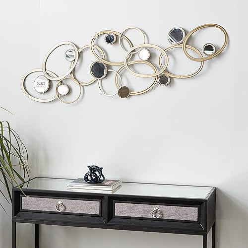 Deco 79 Escultura geométrica de metal para decoración de pared para el hogar con detalles redondos de espejo, arte de pared 52 x 2 x 16 pulgadas,