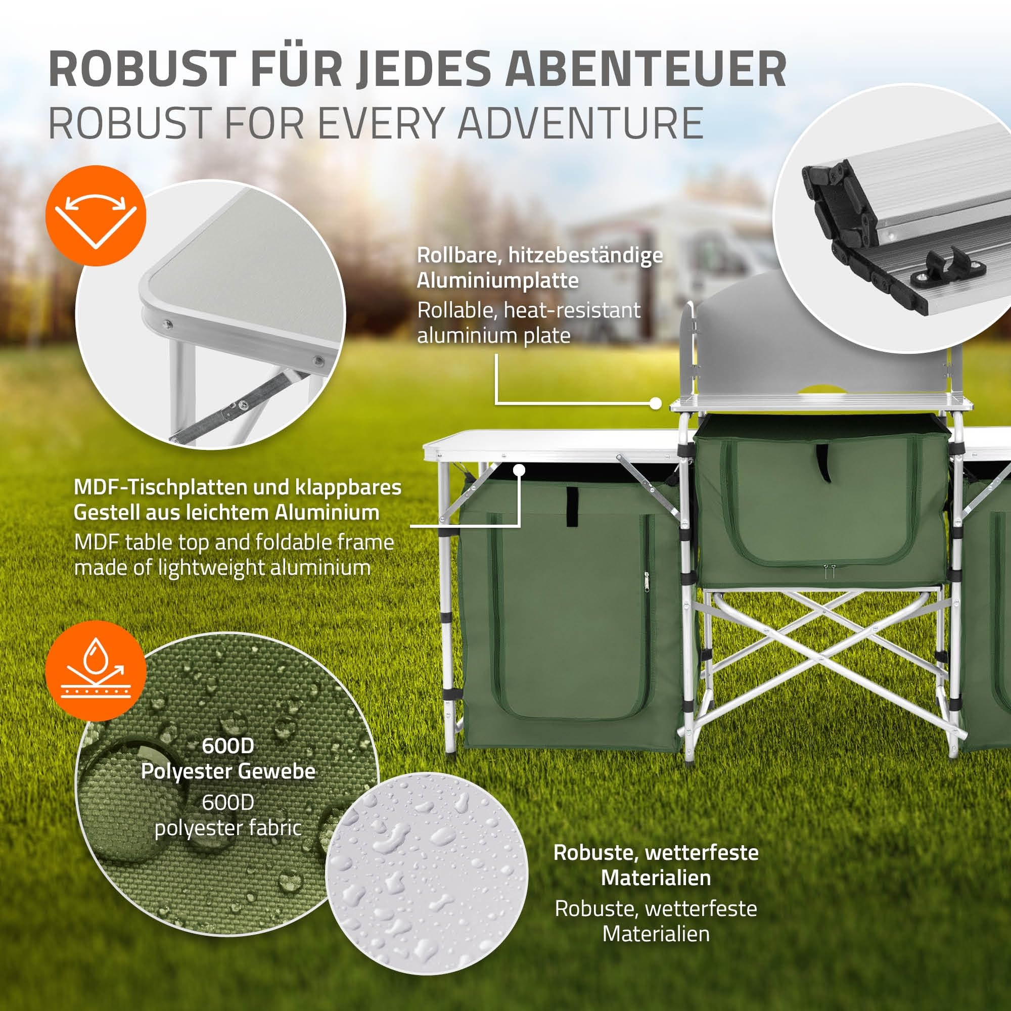 Hauki Cuisine de Camping Pliable, avec Sac de Transport, Meuble à Étagères de Rangement, Kaki, Aluminium/Tissu Oxford, avec Pare-Vent et Plan de Travail, Armoire de Tente Idéale pour Extérieur Voyage