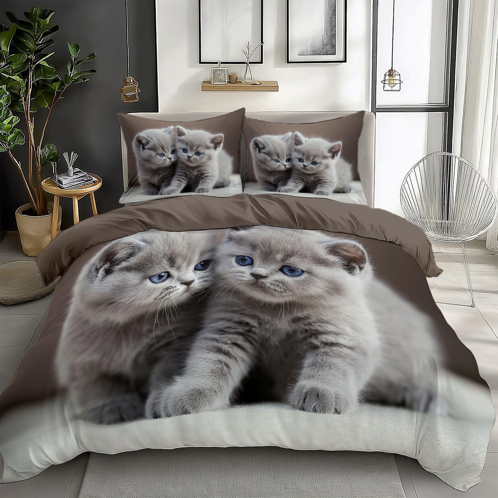 Housse de couette 200x200 chat gris en microfibre avec 2 taies d'oreiller pour lit 2 personnes