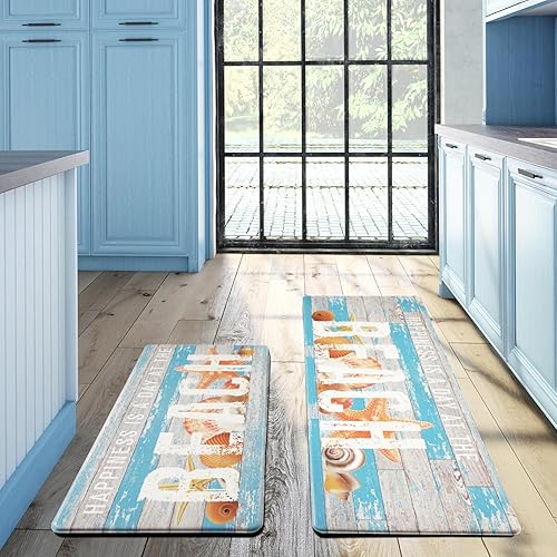 Miniatura 2 de ASPMIZ Juego de 2 alfombras de cocina de playa, alfombras acolchadas costeras para corredor de cocina, antideslizantes, lavables, de madera con