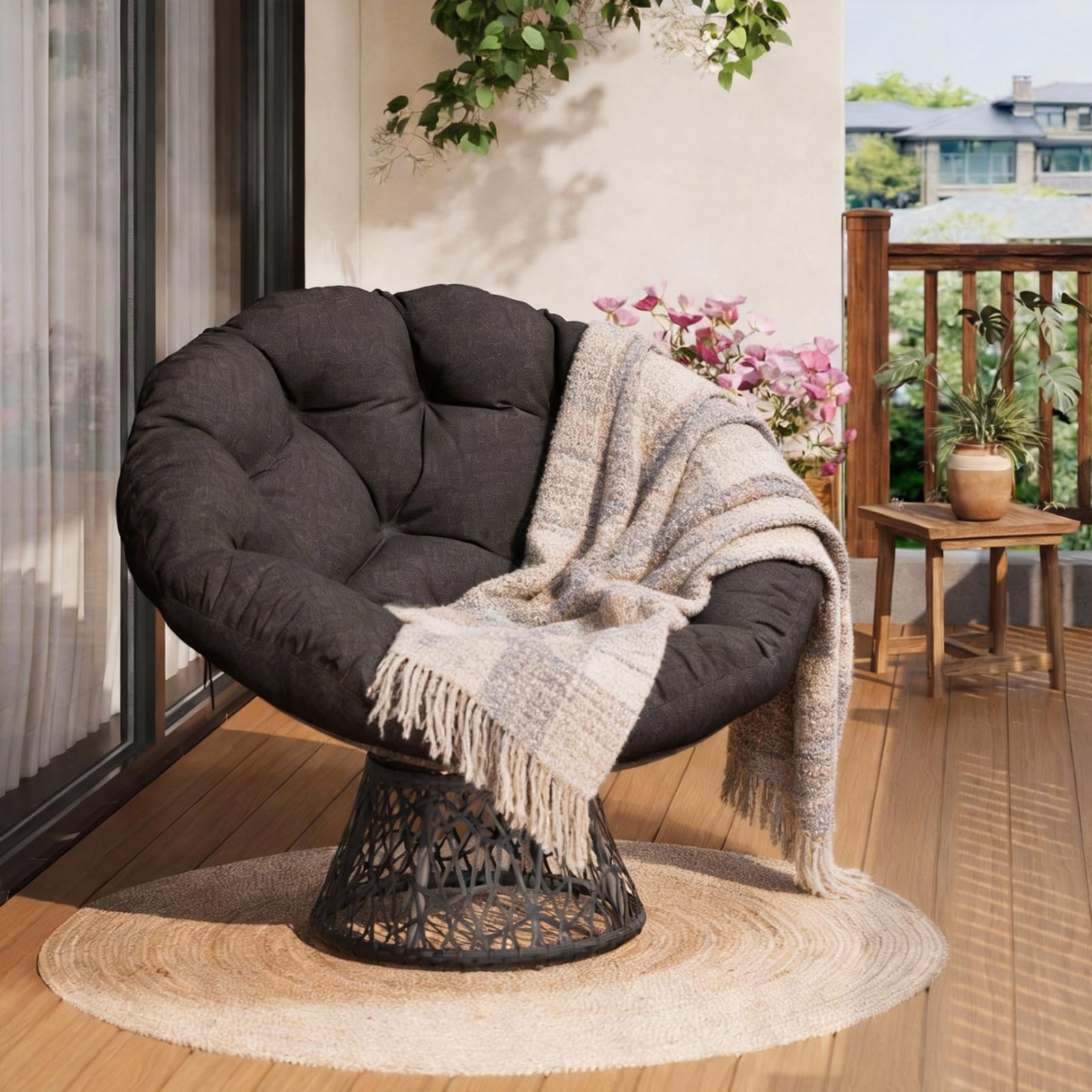 GarveeHome Ergonomischer Papasan Sessel aus Rattan mit dickem Komfortkissen, stabilem Stahlrahmen & 360° Drehfunktion – Perfekt für Wohnzimmer, Schlafzimmer, Leseecke oder Lounge
