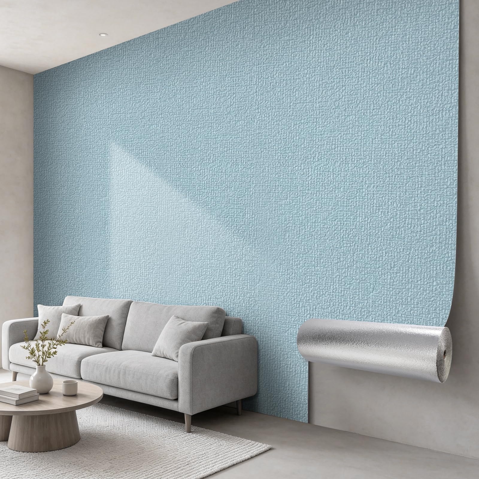 Pamatio Peel and Stick Wallpaper Light Blue Linen Texture, 2.8m x 0.5m Thick Self Adhesive Wallpaper Fabric Effect 8 Roll Thermal Insulation DIY Wall Paper for Bedroom Living Room Mould Wall Decor