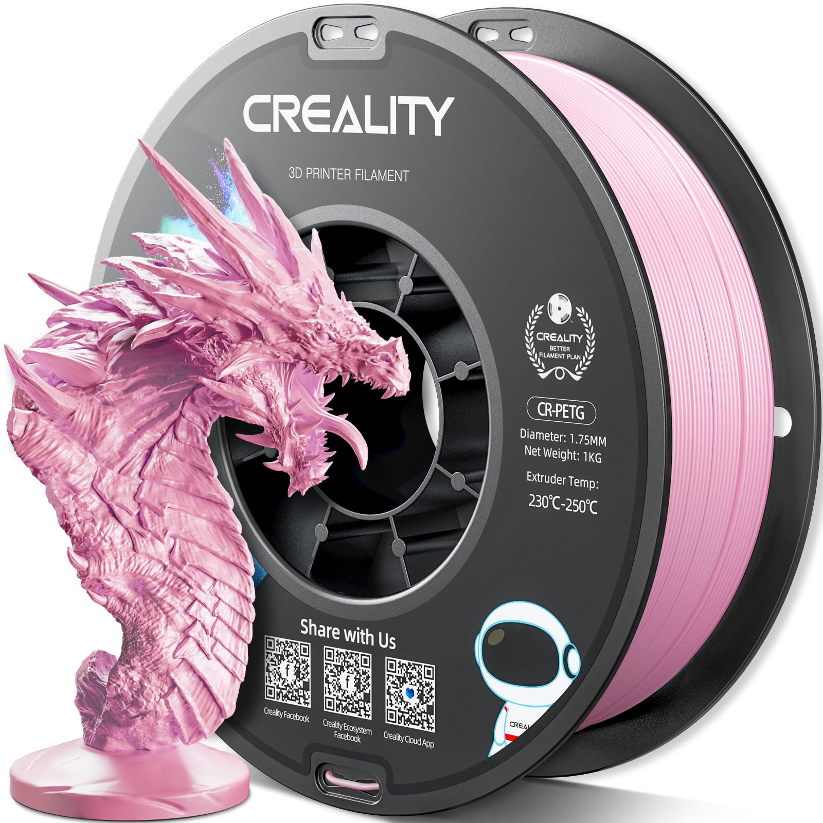 Creality PETG Filament 1.75mm, 3D Printer Filament 1KG(2.2lbs), High Precision, Strong Toughness, Odorless, Better Flow, Dimensional Accuracy +/- 0.02 mm, Moistureproof 3D Printing Filament, Pink