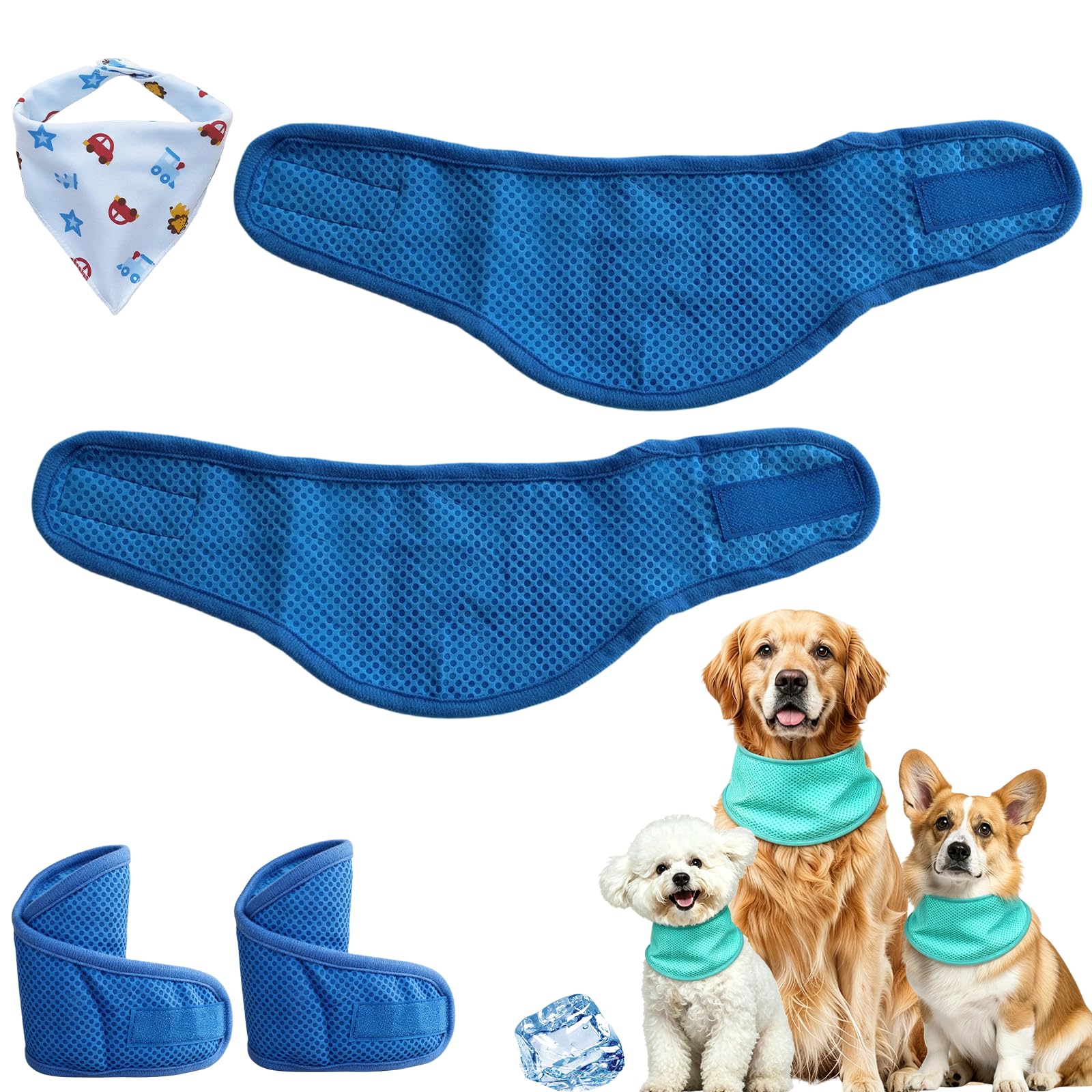 Dog Cooling Bandana, Breathable Mesh Summer Dog Cooling Collar For Medium Dogs Puppies, Instant Chill Self-Cooling Adjustable Pet Scarf Collar For Summer Outdoor Walks (2 Blue, M:30-40CM)