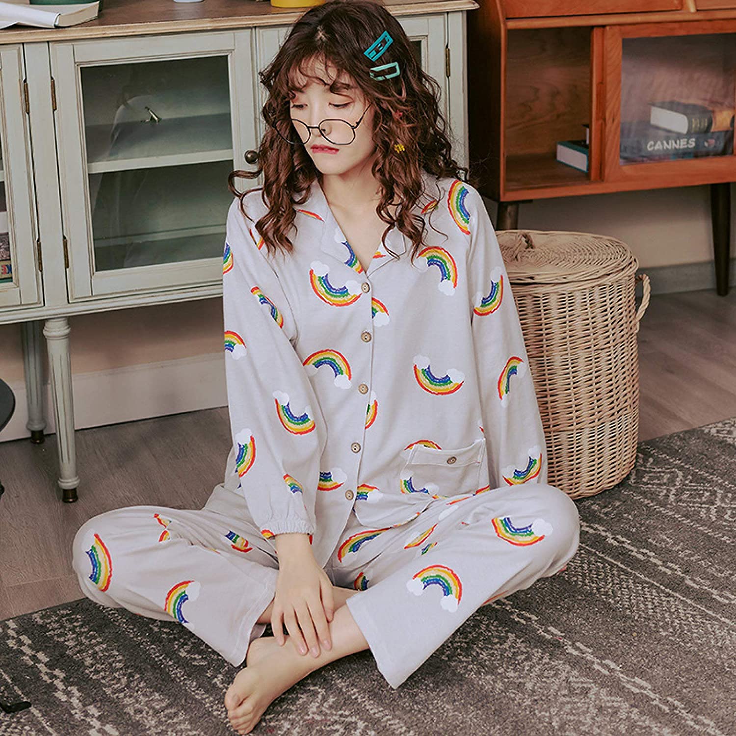 Piżamy damskie, komplety piżam w tęczowy wzór dla kobiet Stylowe piżamy z kreskówek Długie rękawy Długie patelnie Piżamy damskie Casual Homewear Duży rozmiar, a, XL