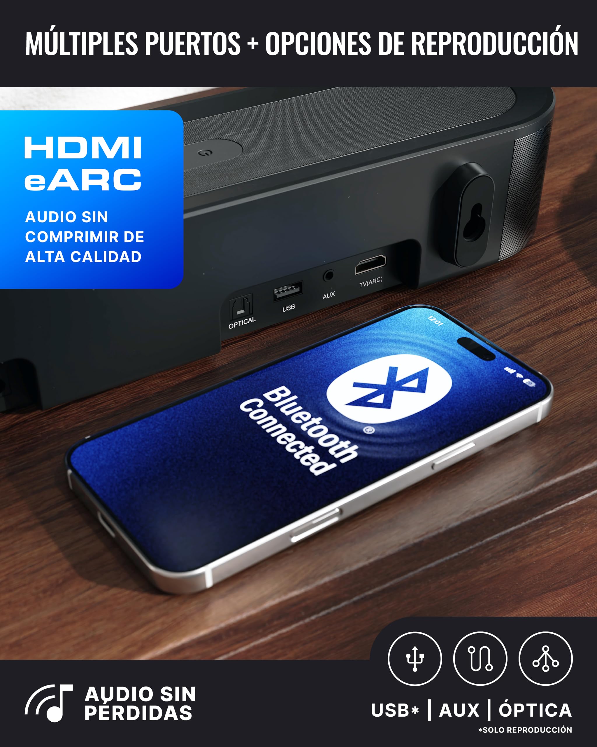 MAJORITY Bowfell Halo Atmos 300W Home Cinema Barra de Sonido con HDMI eARC | 5.1 Dolby Atmos Altavoces TV con subwoofer Inalámbrico y Altavoces Traseros | Barra de Sonido PC Bluetooth 5.3