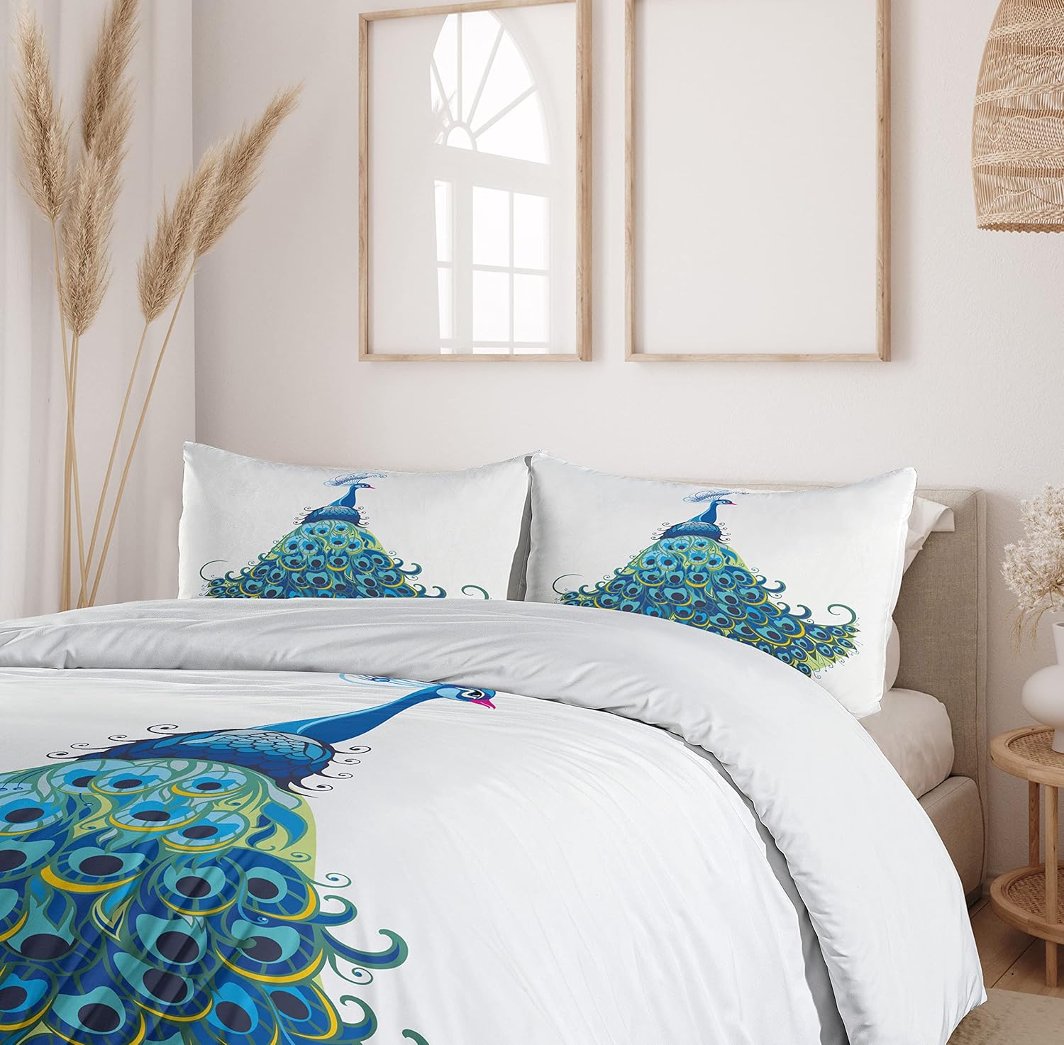 Ambesonne Peacock Duvet Cover Set, Peacock Illustration Floral Classical Curvy Design Tropics Wildlife Theme, Decorative 3 Piece Bedding Set with 2 Pillow Shams, King Size, Blue Yellow King Blue Yellow