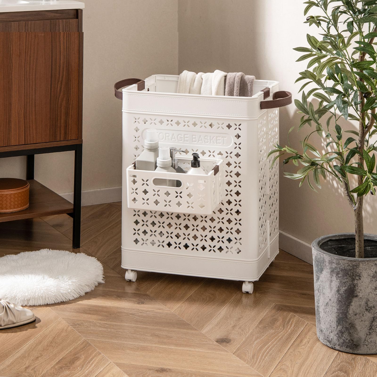 LIFEZEAL Cesto per biancheria pieghevole con ruote, 75 L, portatile, con maniglia, cesto per lavanderia in plastica per camera da letto, bagno, dormitorio, lavanderia