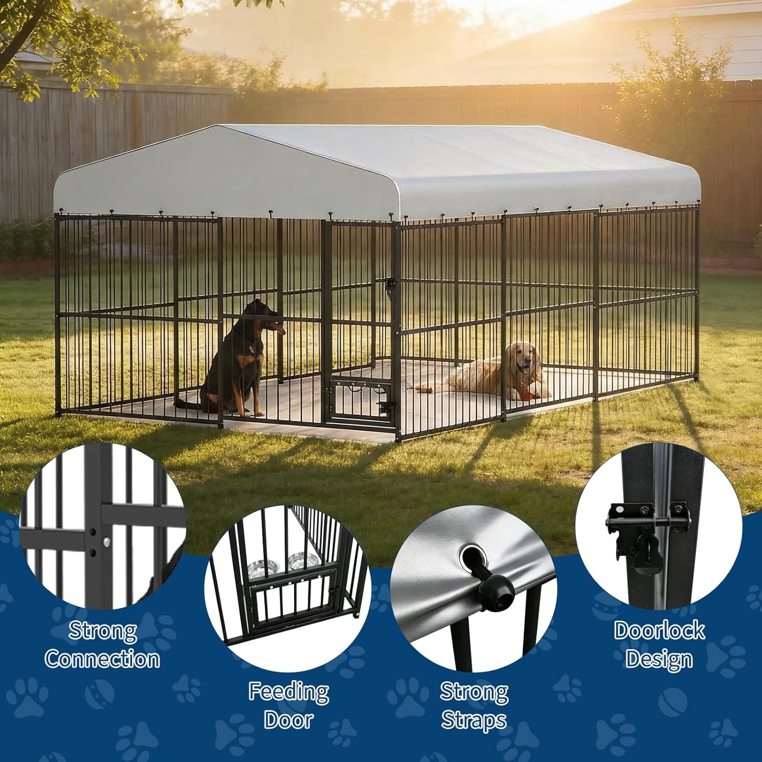 Outdoor Dog Kennel, Large Dog Enclosures with Waterproof Cover, Feeding Doors, Large Dog Kennel Outdoor for Garden Backyard（10×15×6FT）