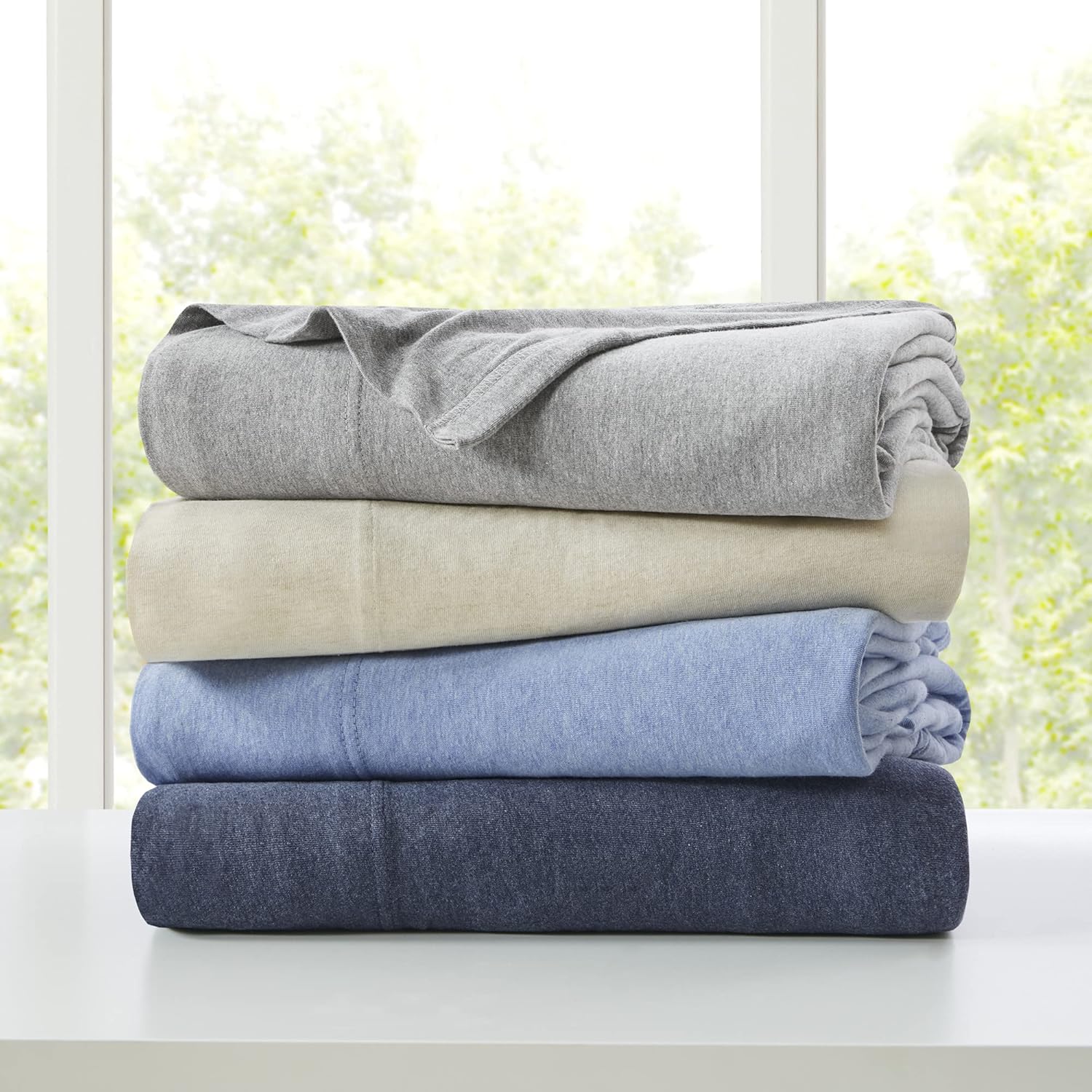 Best Deal INK+IVY 100% Cotton Jersey Knit Heathered Fabric Sheet 13 Deep Pocket Modern All Season, Soft Bedding-Set, Matching Pillow Case, King, Navy, 4 Piece (II20-824)