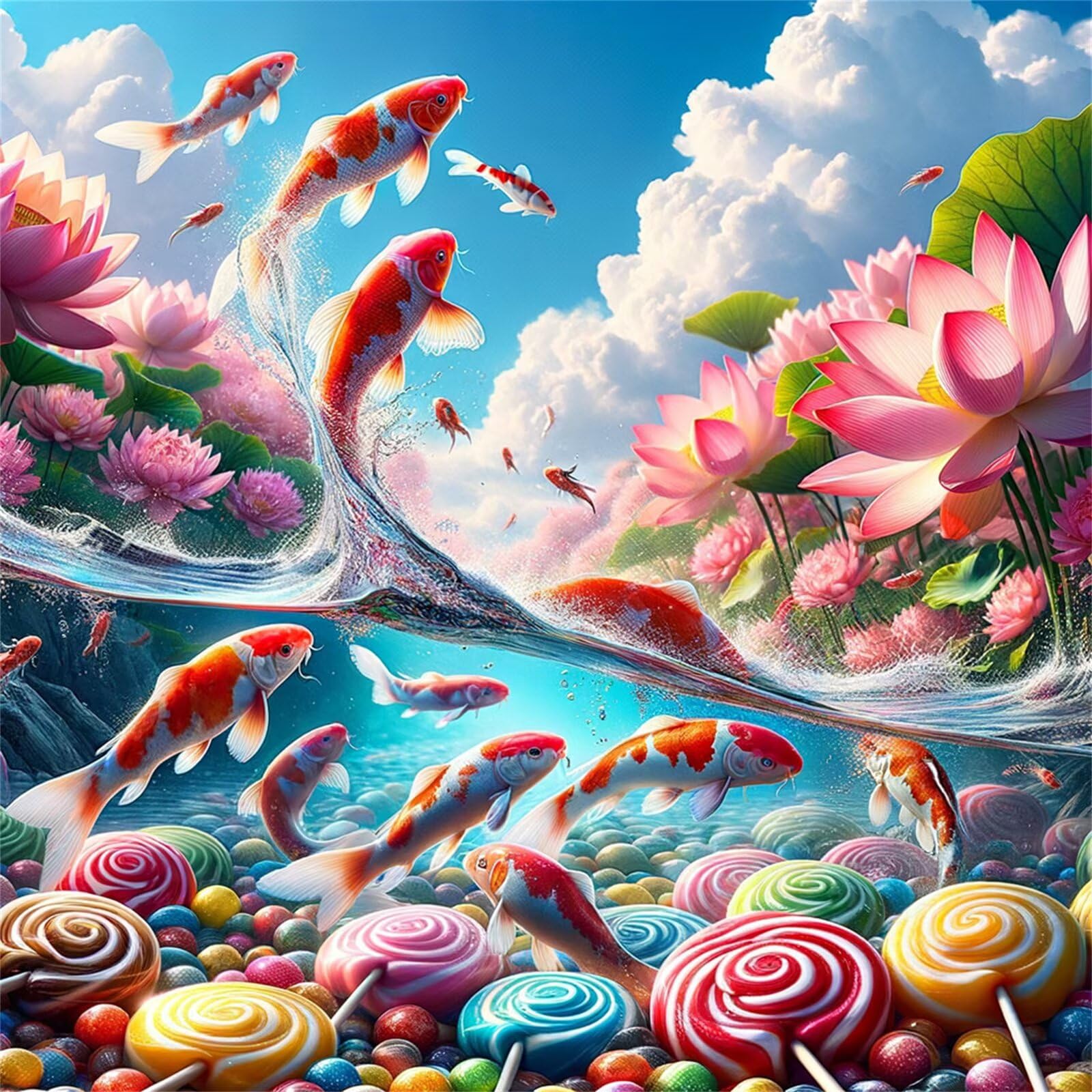 Jinmer Diamond Painting Caramelos de loto Koi,5D Diamond Painting Kit Completo,DIY Cuadros de Diamantes para Adultos,Rhinestone Bordado Punto de Cruz Manualidades Hogar Pared Decoración 85x85 cm