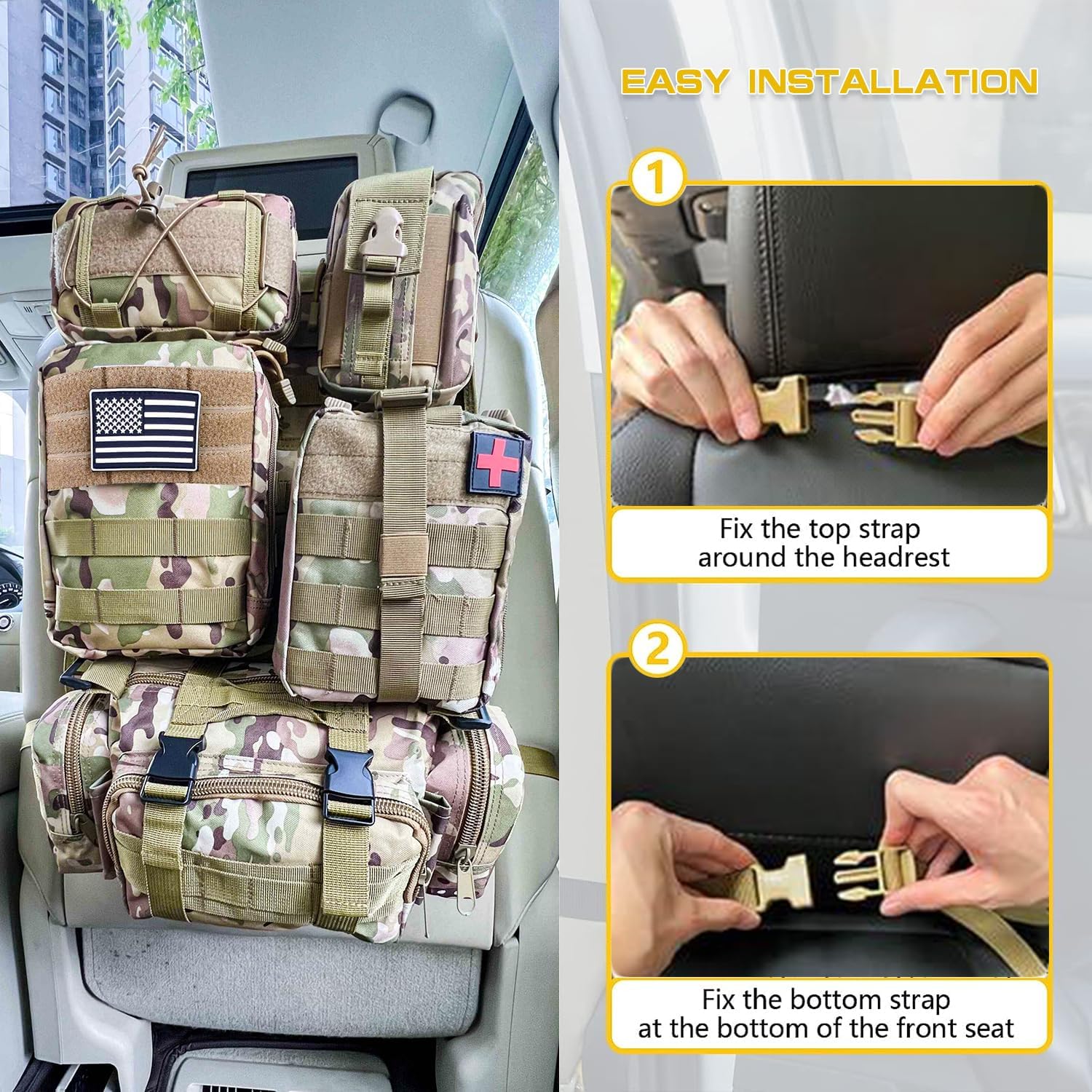 Organizer Tattico per Schienale Auto con 5 Tasche Rimovibili | Sistema Molle Universale Per Auto, SUV E Camion, Protegge Lo Schienale E Ottimizza Lo Spazio