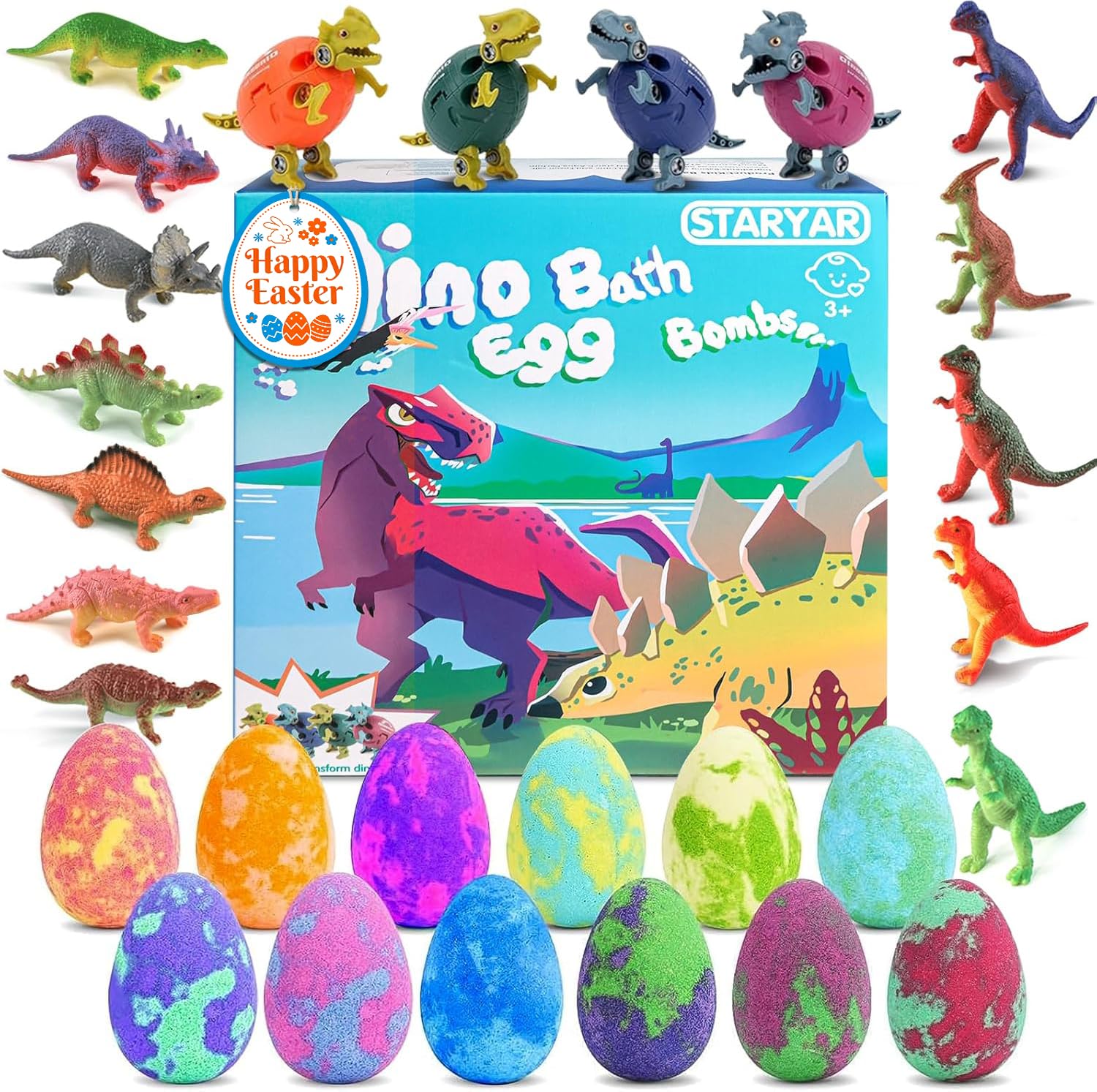 Bath Bombs for Kids with Surprise Toys Inside - 16 Pack Organic Dinosaur Bath Bombs Gift Set, Dinosaur Toys for Kid 3 4 5 6 7 8 9 Years, Easter Gifts for Kids, Easter Basket Stuffers, Bubble Bath Toys