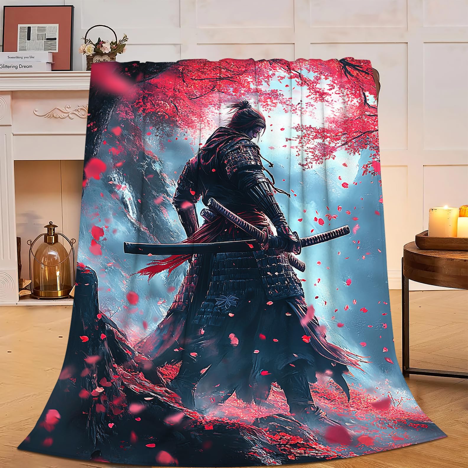 Uiamt Girls Warrior Japanese Samurai Blanket Red Blossoms Flannel Plush Throw Blanket Cozy Japan Culture Decor Fleece Stuff Blanket Gifts For Lover Boys Kids Adults Women Bed Travel 40"X50"