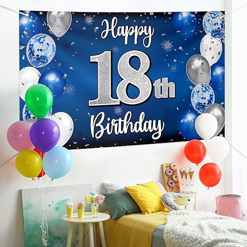 Miniatura 3 de Nelbiirth Decoraciones de Feliz Cumpleaños Número 18, Globo Azul y Plateado Pancarta Grande de Cumpleaños Letrero de Fondo, Salud por Dieciocho Años