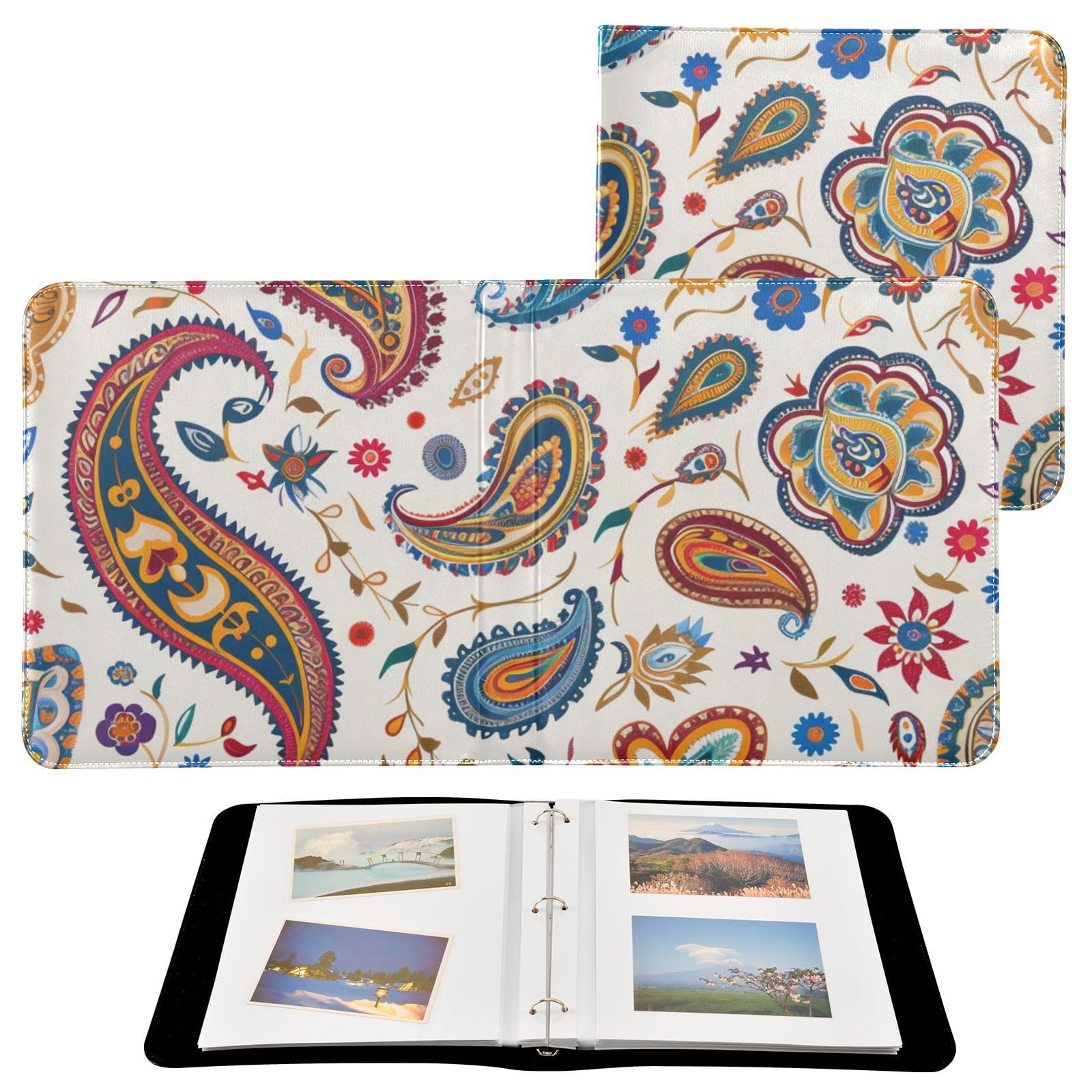 JIPONI Colorful Traditional Indian Paisley Large Photo Album, DIY Leather Cover Scrapbook Albums for 4x6 5x7 6x8 Pictures, Self Adhesive Memory Book for Wedding, Baby, Family