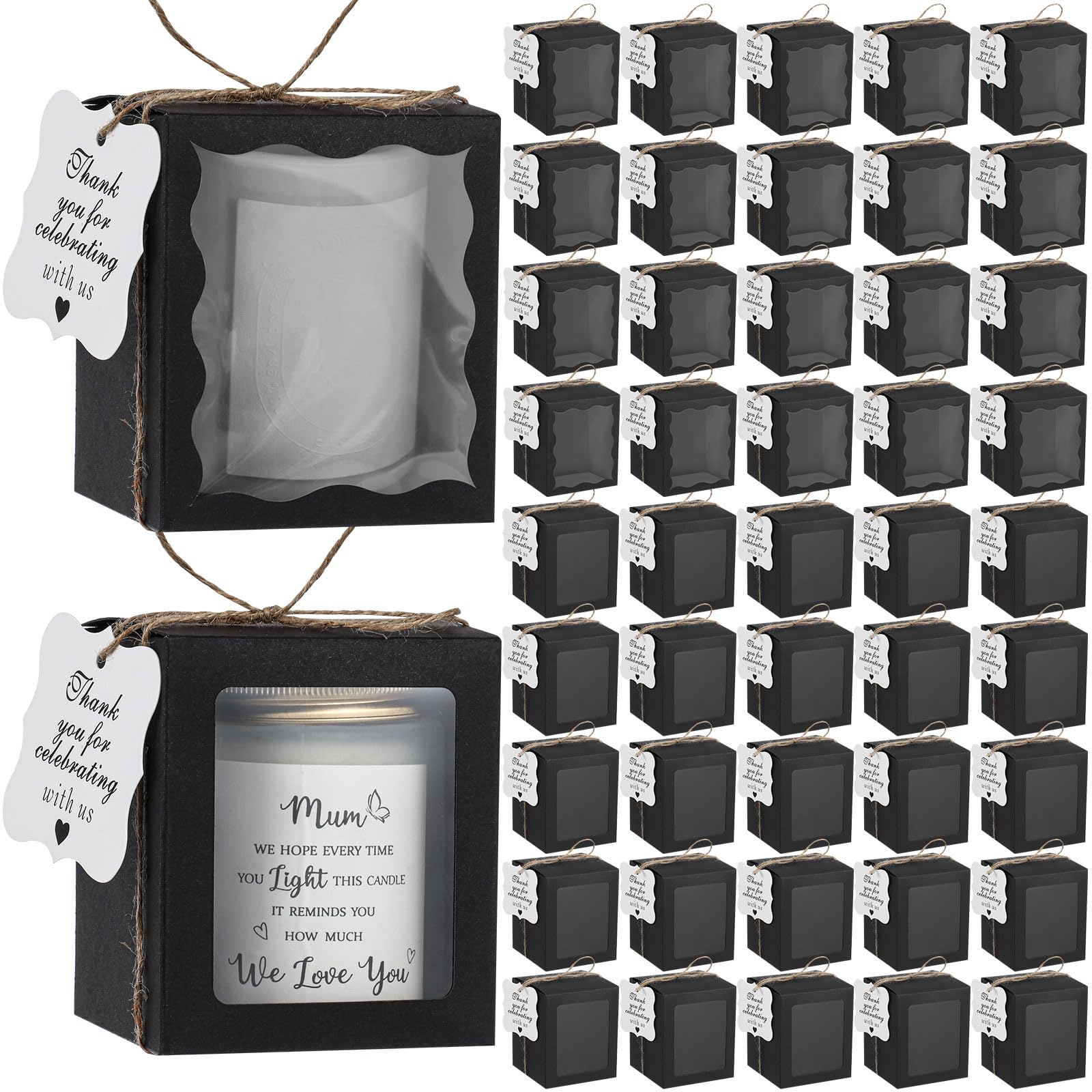 ReliThick 100 Set Candle Gift Box Transparent Gift Packaging Box for 4-10 oz Candles 50 Paper Thank You Tag Bundle Hemp Rope for Wedding Baby Shower Party Favor, 3.35x3.35x3.94 in (White Black)