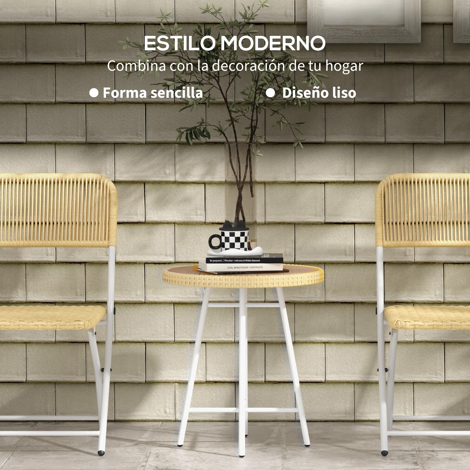 Outsunny Mesa Auxiliar de Ratán Sintético Carga 30 kg 50x50x55 cm Natural | Mesa de Centro Redonda, Tablero de Madera Plástica, Marco de Acero Galvanizado, para Terraza Balcón Jardín