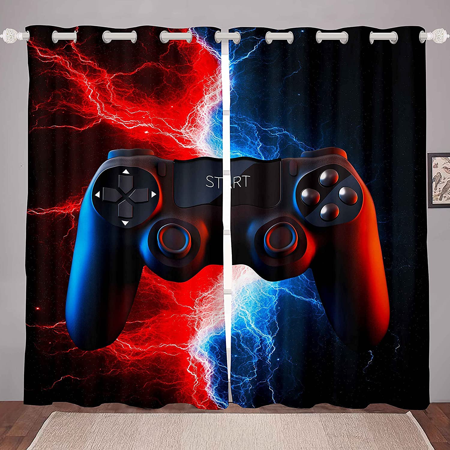 Tenda per finestre, camera da letto di bambini e ragazzi, a tema videogiochi, moderna, blu/rosso, motivo: controller con pulsanti, decorazione la stanza, 132 x 182,8 cm (larghezza lunghezza