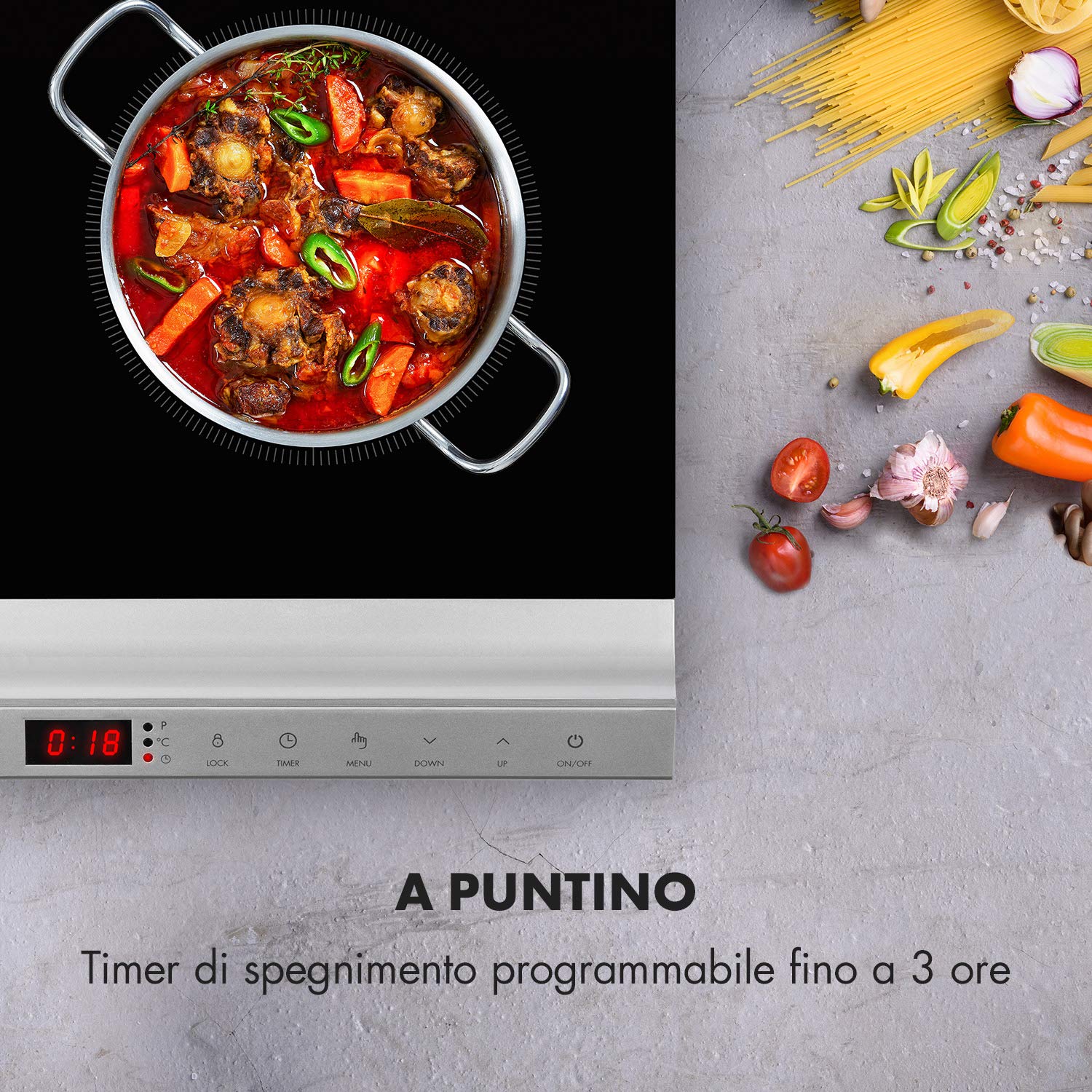 Klarstein MisterCook Piastra di cottura a infrarossi, livelli di potenza e temperatura, timer, comando touch, protezione da surriscaldamento e sovratensione, 1 zona di cottura, 2000 watt, argento