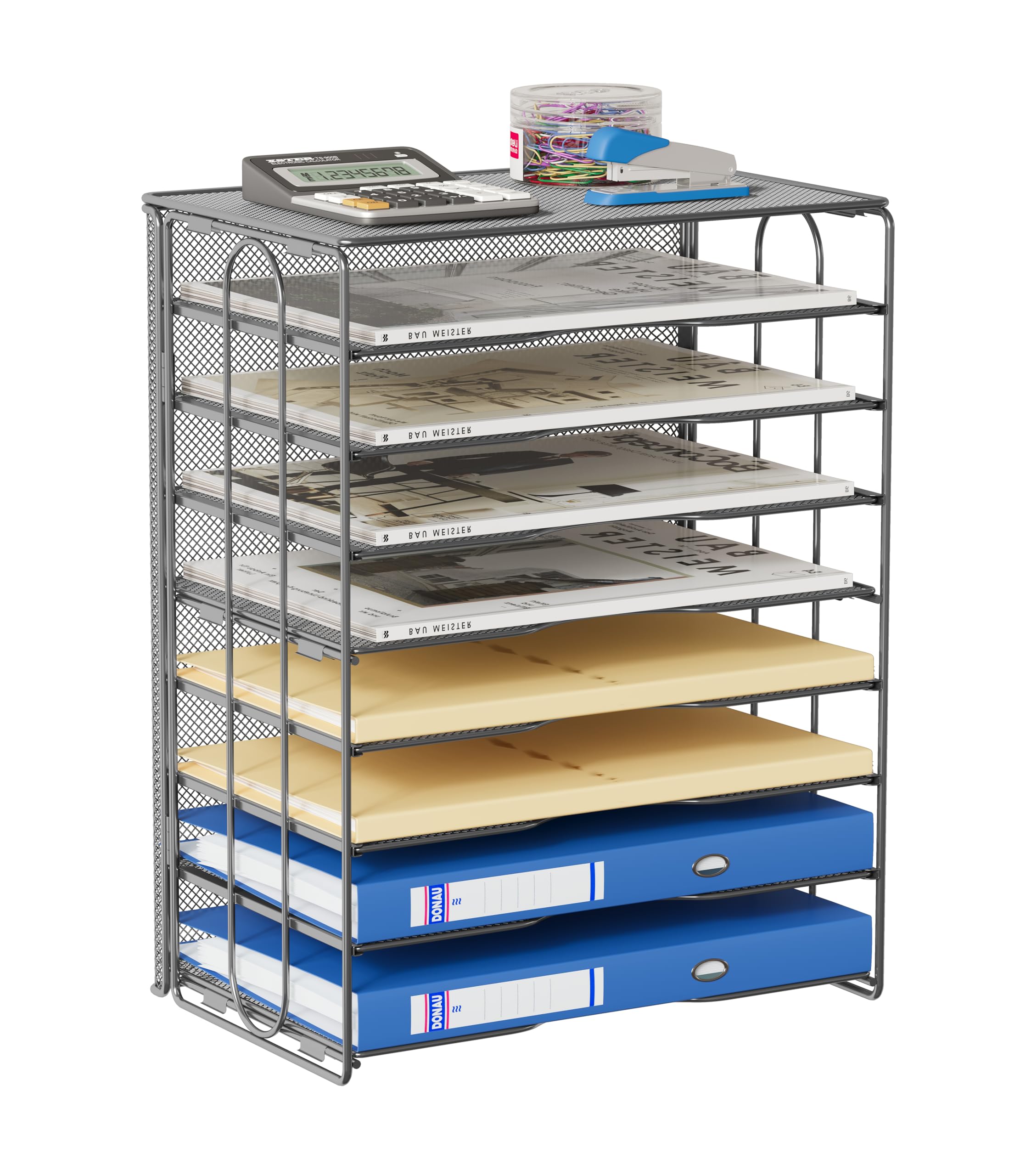 EasyPAG Mesh Desk Filer Organizer Tray 8 Slot Office Desk Paper Storage Organizer for A4 / Letter Sizer Floder, Silver