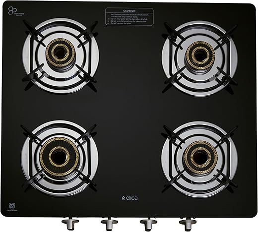 Elica 60cm 4 Burner Gas Stove | SAPPHIRE 594 CT VETRO 1J (DT SERIES) | Double Drip Tray | Toughened Glass Top | High Efficiency Vertical Flame…
