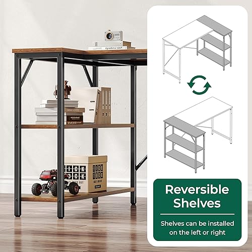 Miniatura 12 de Huuger Escritorio en forma de L, escritorio para computadora de 55 pulgadas con estantes de almacenamiento reversibles, para esquina