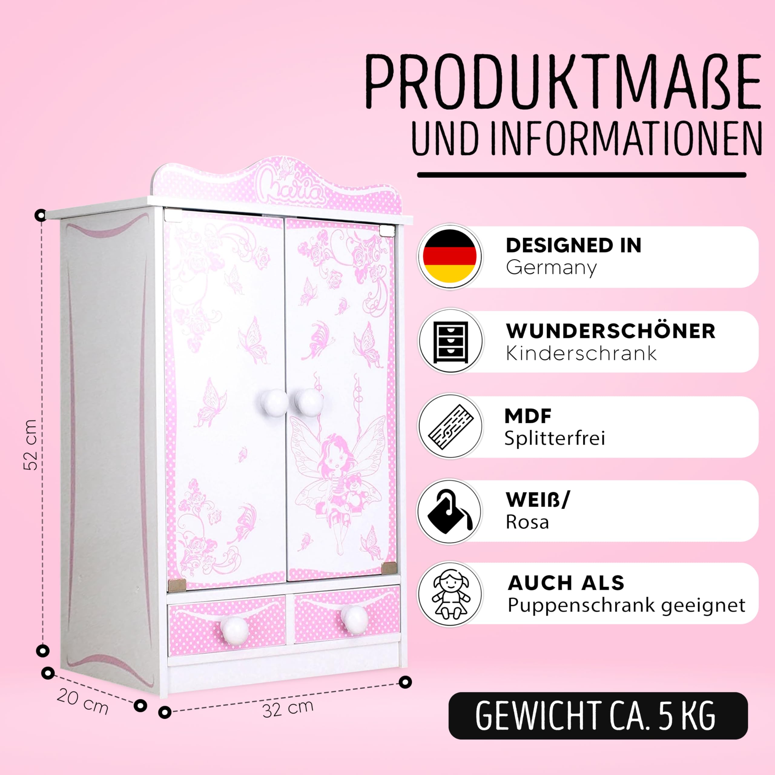 habeig XXL Kinderschrank Kleiderschrank 52 cm hoch Wandschrank Hängeschrank weiß 2 Türen Puppenschrank (Pink/Weiss 822)