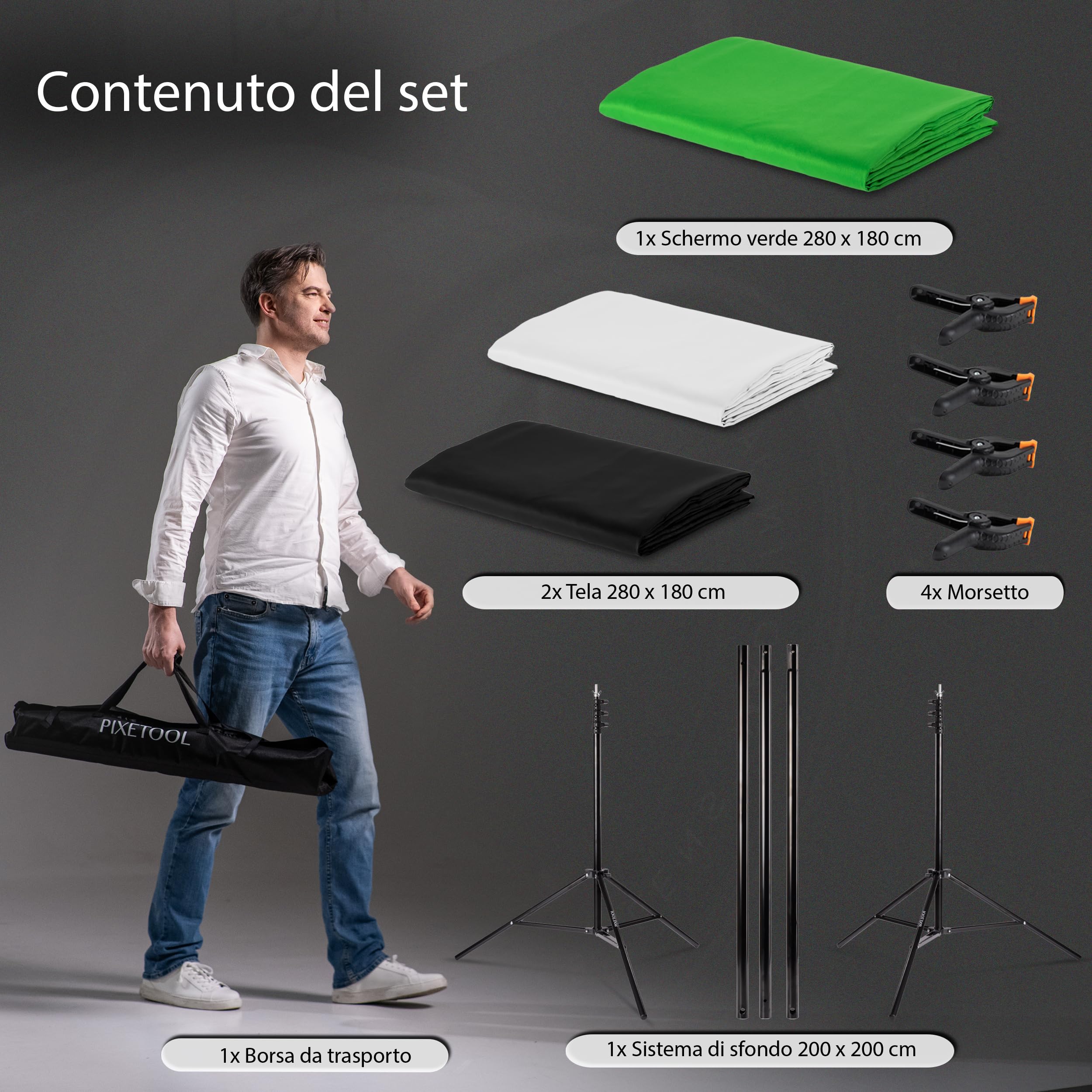 Green Screen (1,8 x 2,8 m) con Supporto (2 x 2 m) - Sfondo Fotografico - Set per Studio Fotografico - Greenscreen - Accessori Fotografia Streaming Giochi Gaming