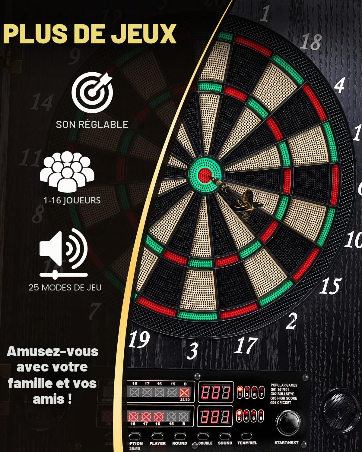 Tableau de Fléchettes Électronique, Ensemble de Tableau de Fléchettes Électronique Décoratif avec Armoire [12 Flèches Soft-Tip en Bronze][Mode de Jeu Cricket], Tableau de Fléchettes