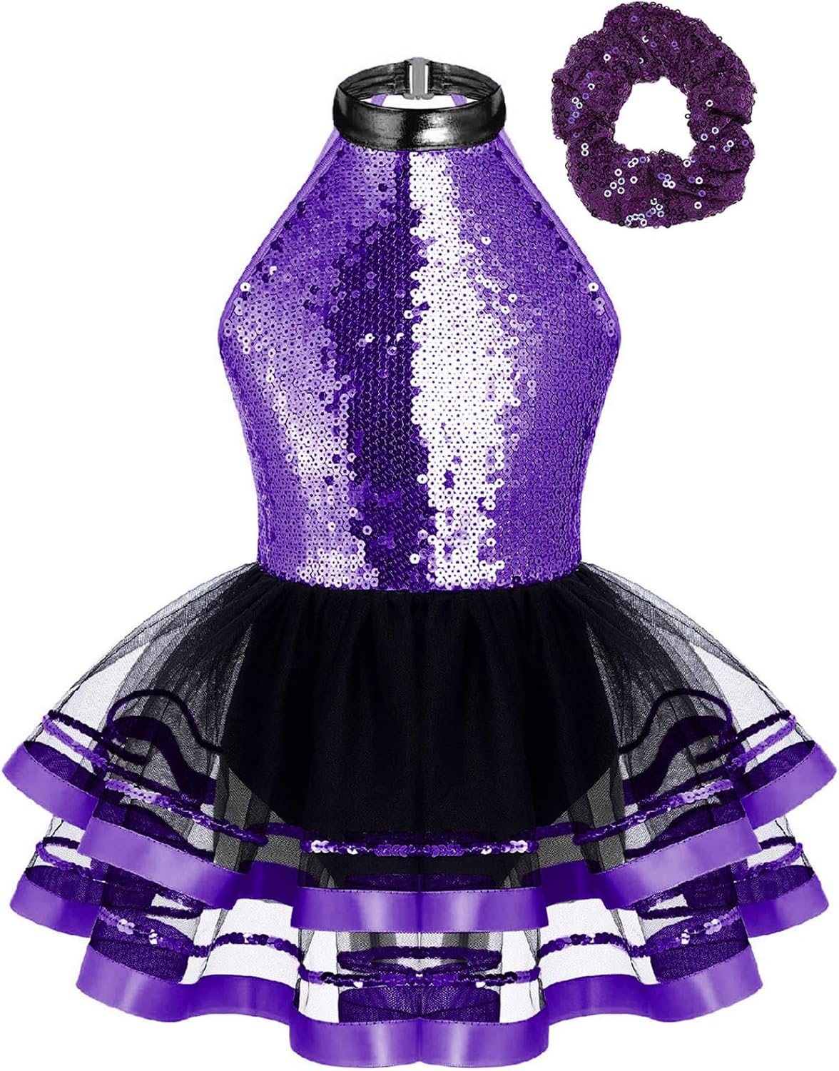 Kids Girls Sequins Ballet Dance Dress Tutu Skirt Leotard Jazz Latin Ballerina Costume with Hair Scrunchie