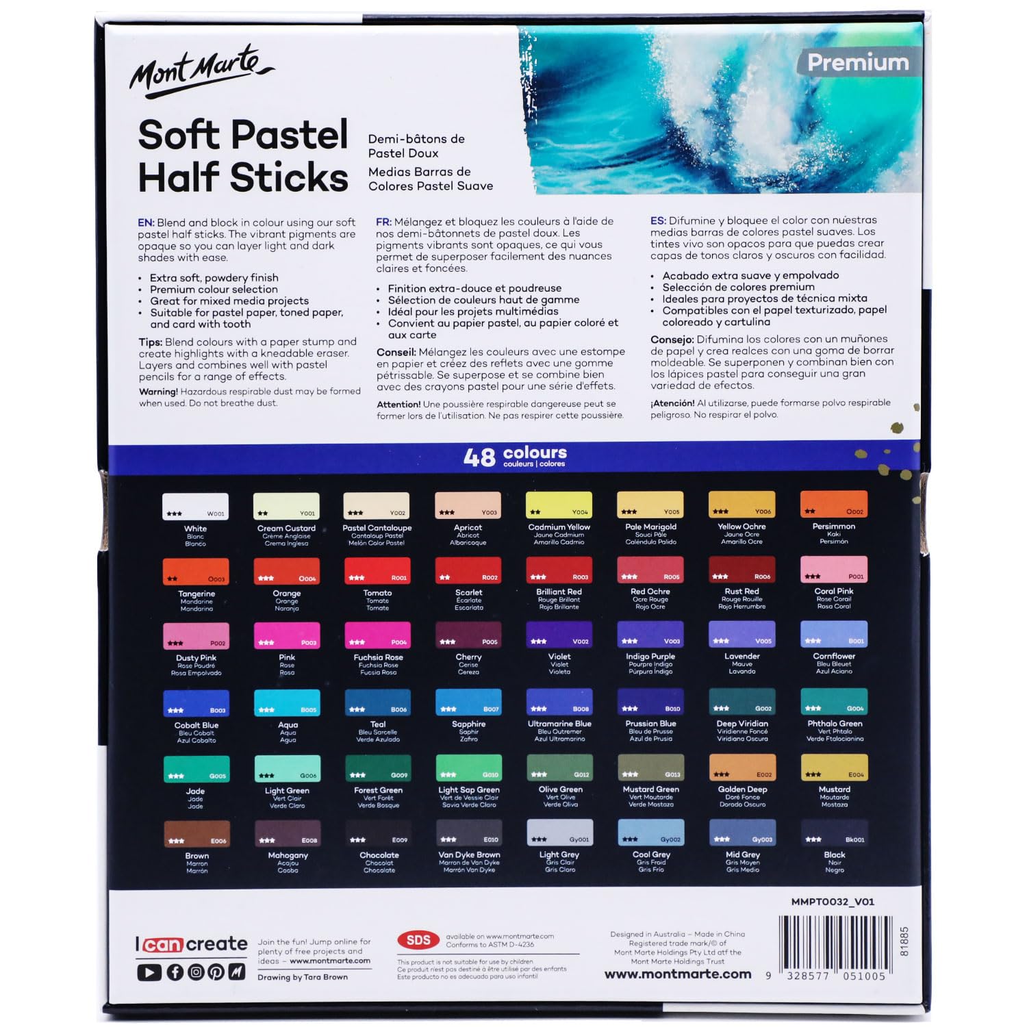 Mont Marte Weiche Pastellkreide, 48 Stück, Set mit 48 verschiedenfarbigen Pastellstäbchen, lebendig und mischbar, ideal für Kunst, Handwerk, Zeichnen, Skizzieren