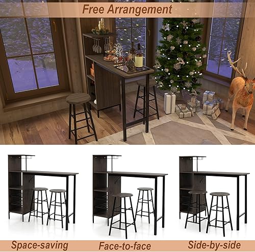 Miniatura 7 de COSTWAY Juego de mesa y silla de bar de 3 piezas, mesa de pub industrial y taburetes con soportes para copas de vino y estantes de vino para 6