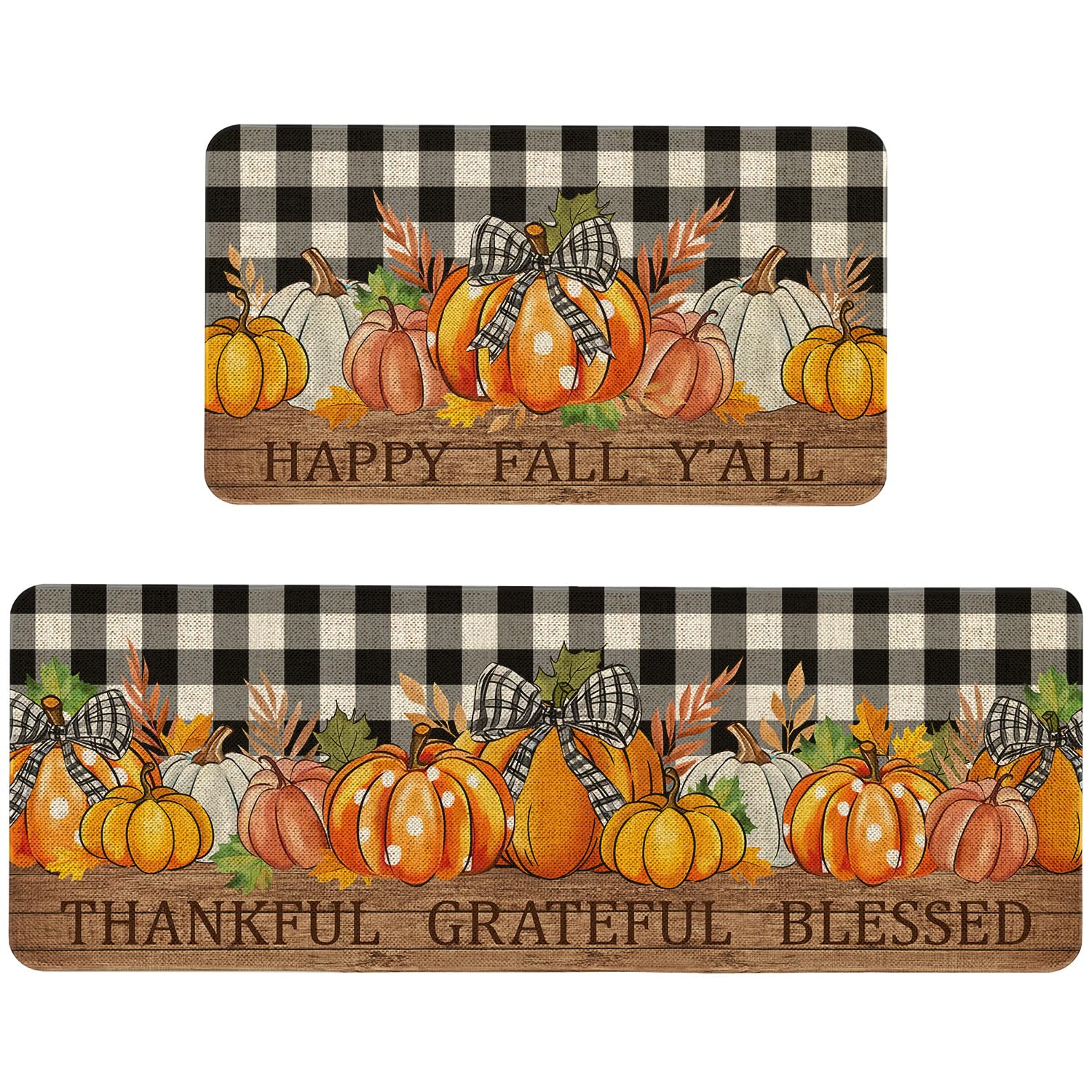 Fall Pumpkin Kitchen Mats Set of 2 Non Slip Happy Fall Y‘All Kitchen Rugs Autumn Thanksgiving Home Decor Low-Profile Washable Floor Mat 17x47 Inch and