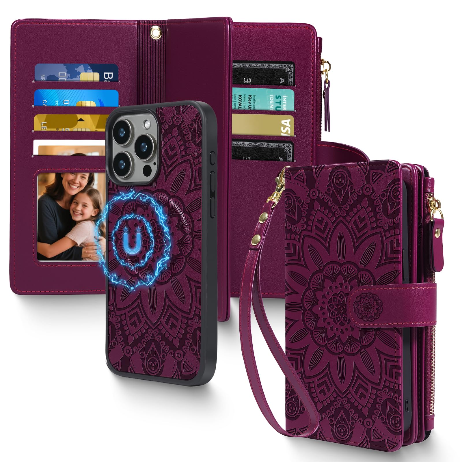 2 in 1 for iPhone 11 Wallet Case Magnetic Compatible with Magsafe RFID Blocking Card Holder Detachable Phone Cover Zipper Purse Kickstand Wrist Strap for Men Women 6.1 inch 2019 Floral Burgundy
