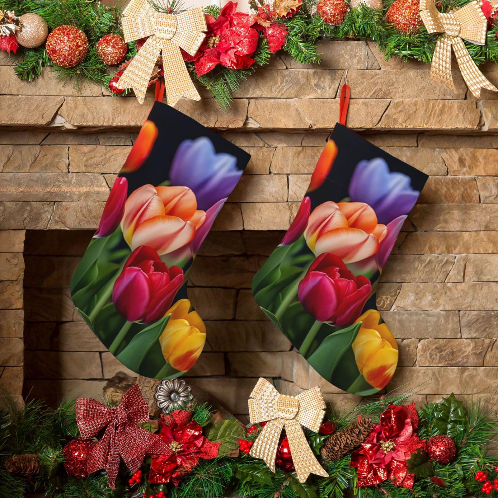 Flower Christmas Stockings 18 Inches Velvet Xmas Fireplace Hanging Stocking Rustic Christmas Santa Stockings for Home Christmas Decorations Party Favor Supplies