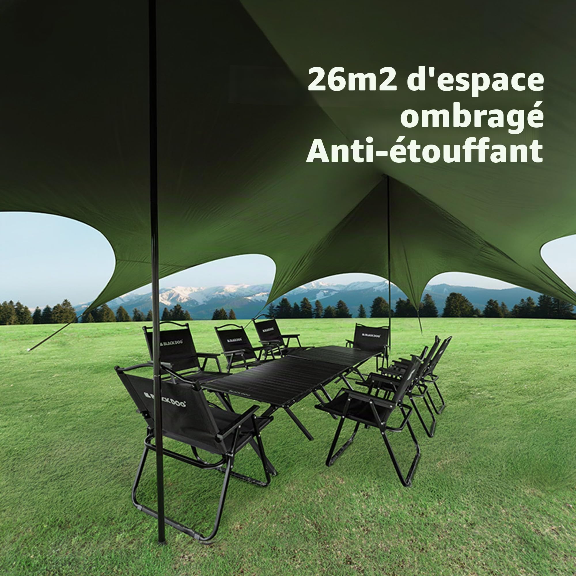 Blackdog 26/60 m² Tente de Camping, Tarp Voile d'Ombrage, Installation Rapide en 2 Étapes, Protection Solaire 360° Journée Complète, Résistance au Vent 6, Imperméabilité PU3000mm, pour Camping