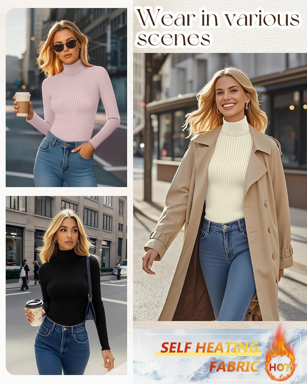 Ficerd 3 Pack Women's Ribbed Thermal Turtleneck Tops Long Sleeve Stretch Shirts Knitted Fitted Lightweight Base Layer - Image 3