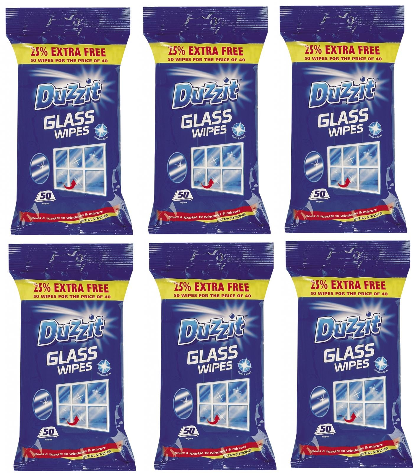 Duzzit 6 x Glass Window Mirror Cleaning Wipes Pack Of 50