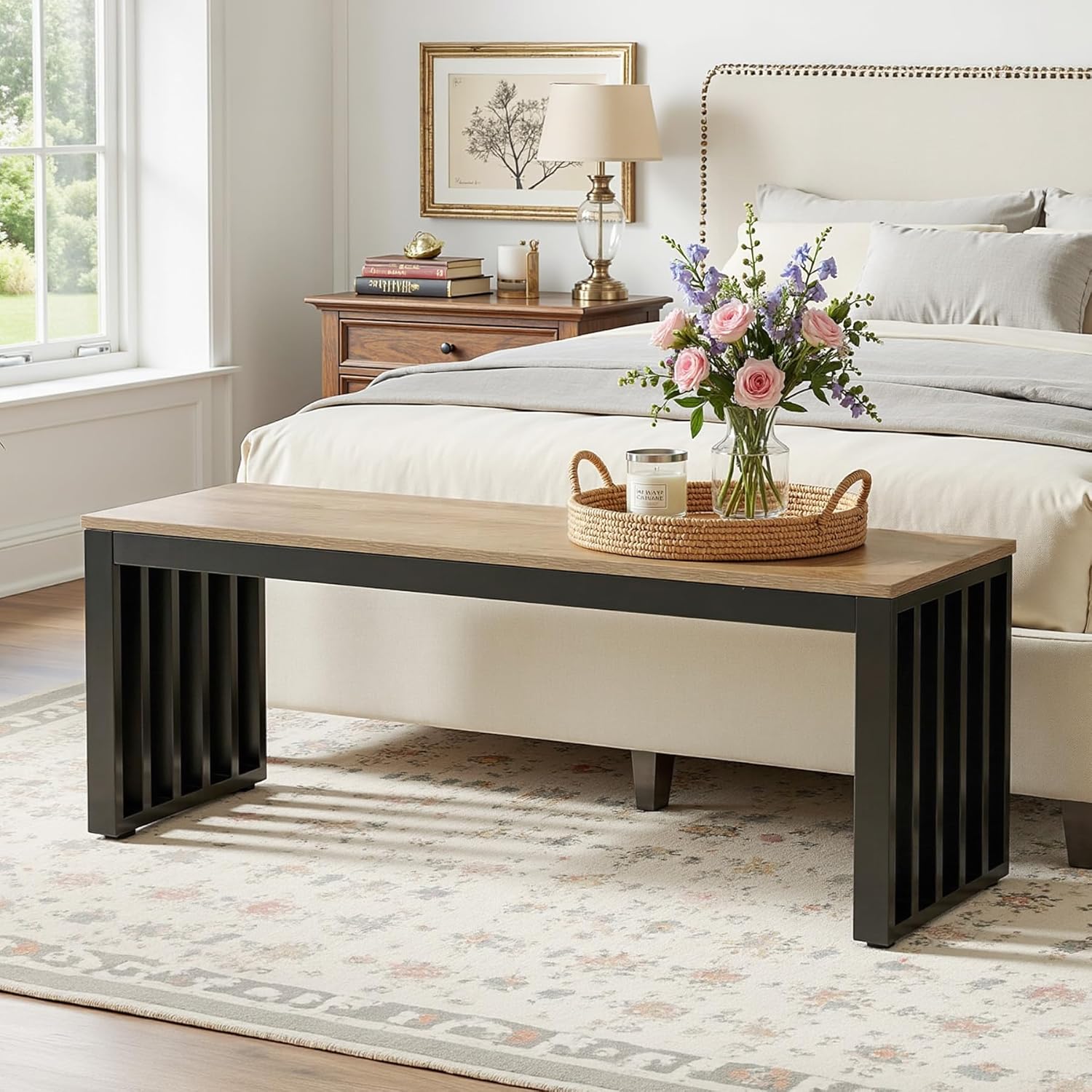Tribesigns Industrial Dining Bench, 47.3" Indoor Wood Entryway Bench with Metal Frame, Dining Table Bench for Dining Room, Kitchen, End of Bed, Entry (Brown & Black)